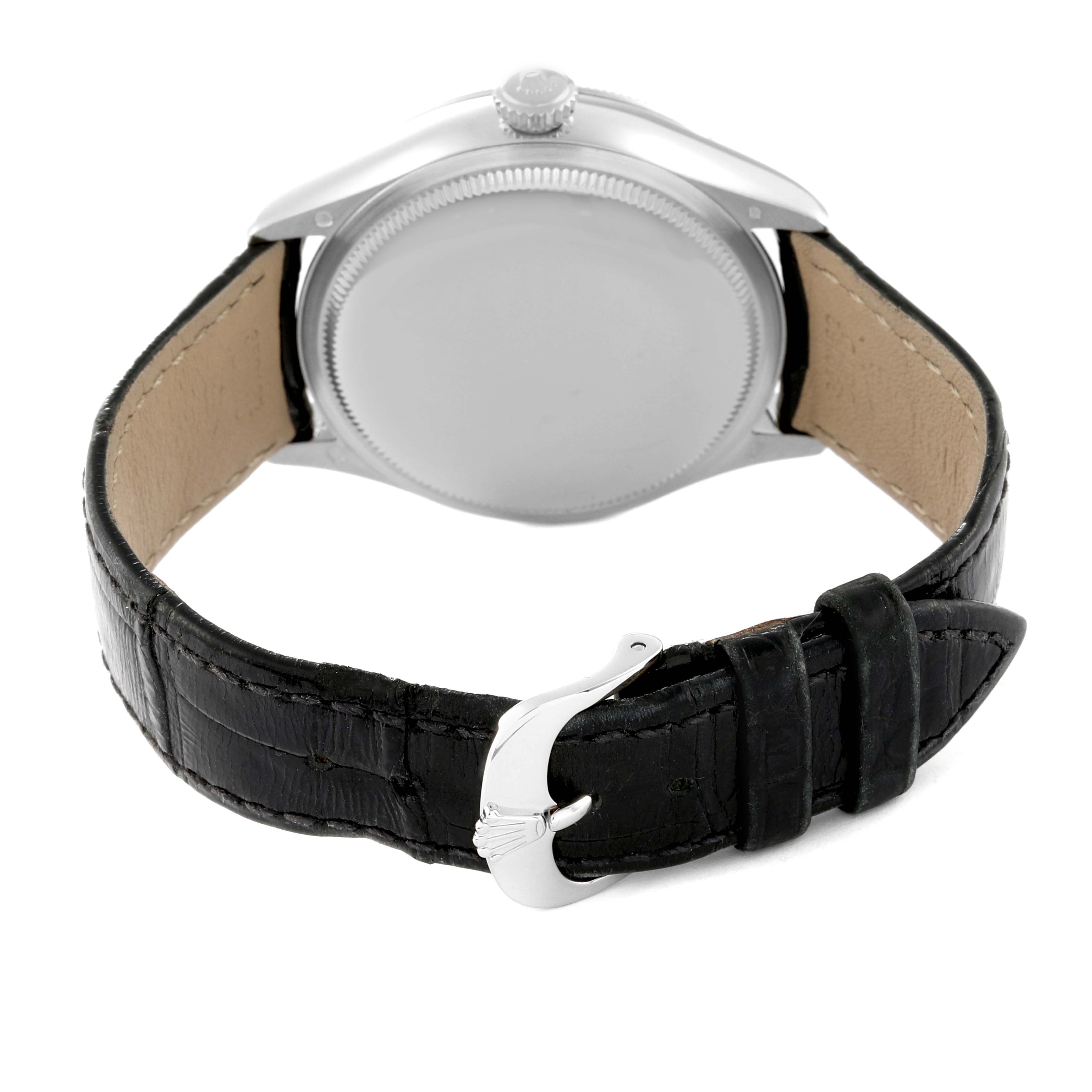 This image shows the backside of the Rolex Cellini 50529 Men's White Gold Black Dial 50529 Men's White Gold Black Dial watch, highlighting the case back, crown, and black leather strap with its buckle.