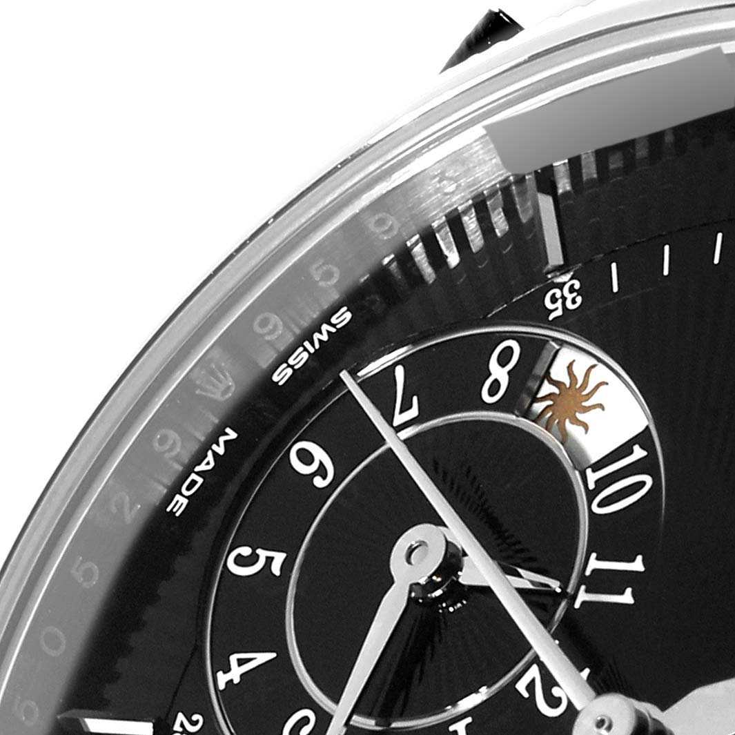 This close-up image shows the dial and hands of a Rolex Cellini 50529 Men's White Gold Black Dial 50529 Men's White Gold Black Dial watch, highlighting the numbered hour markers and fine details.