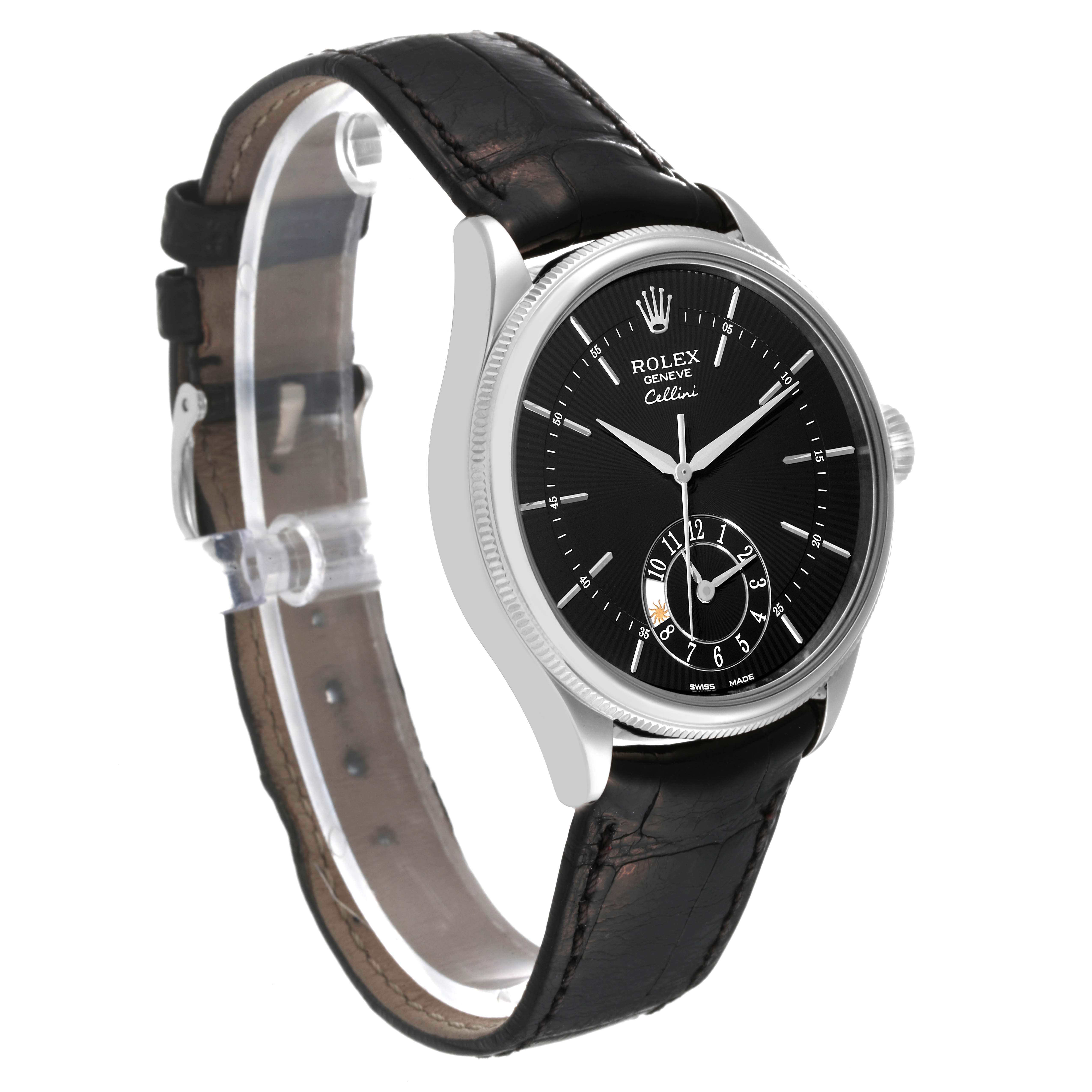 The image shows a Rolex Cellini 50529 Men's White Gold Black Dial 50529 Men's White Gold Black Dial watch at a three-quarter angle, highlighting the black dial, leather strap, and case.