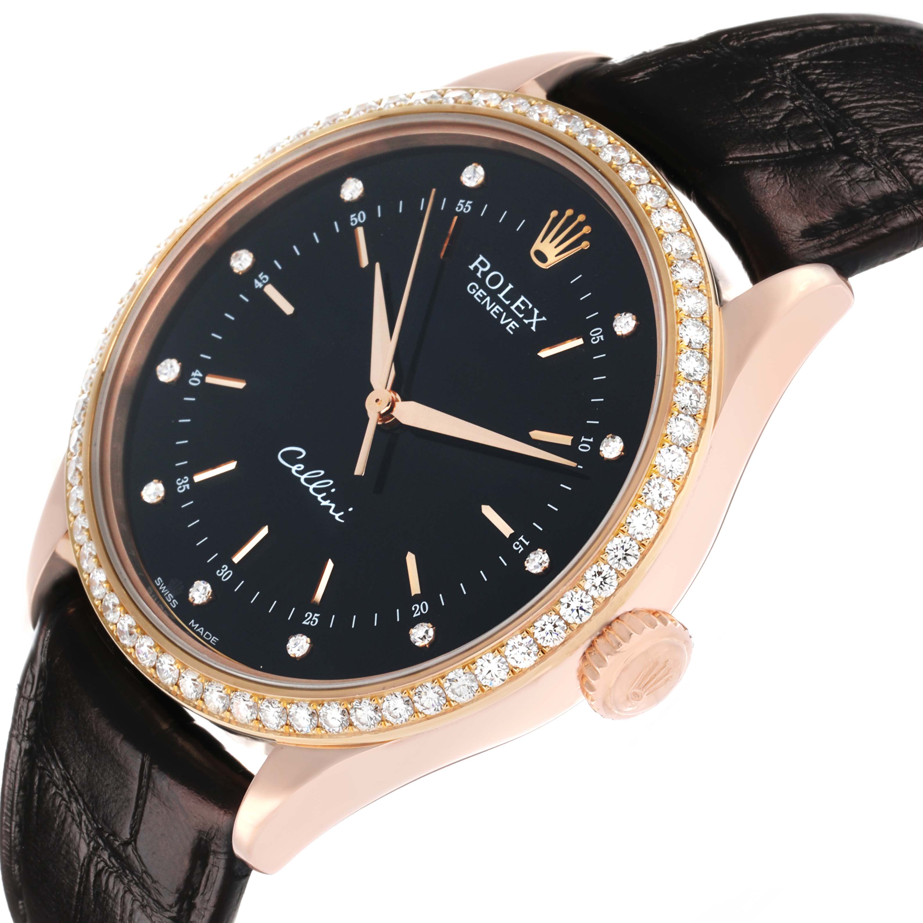 The Rolex Cellini 50705 Men's Rose Gold Black Dial watch is shown at a slight angle, highlighting the bezel, crown, and dial with diamond accents and a leather strap.
