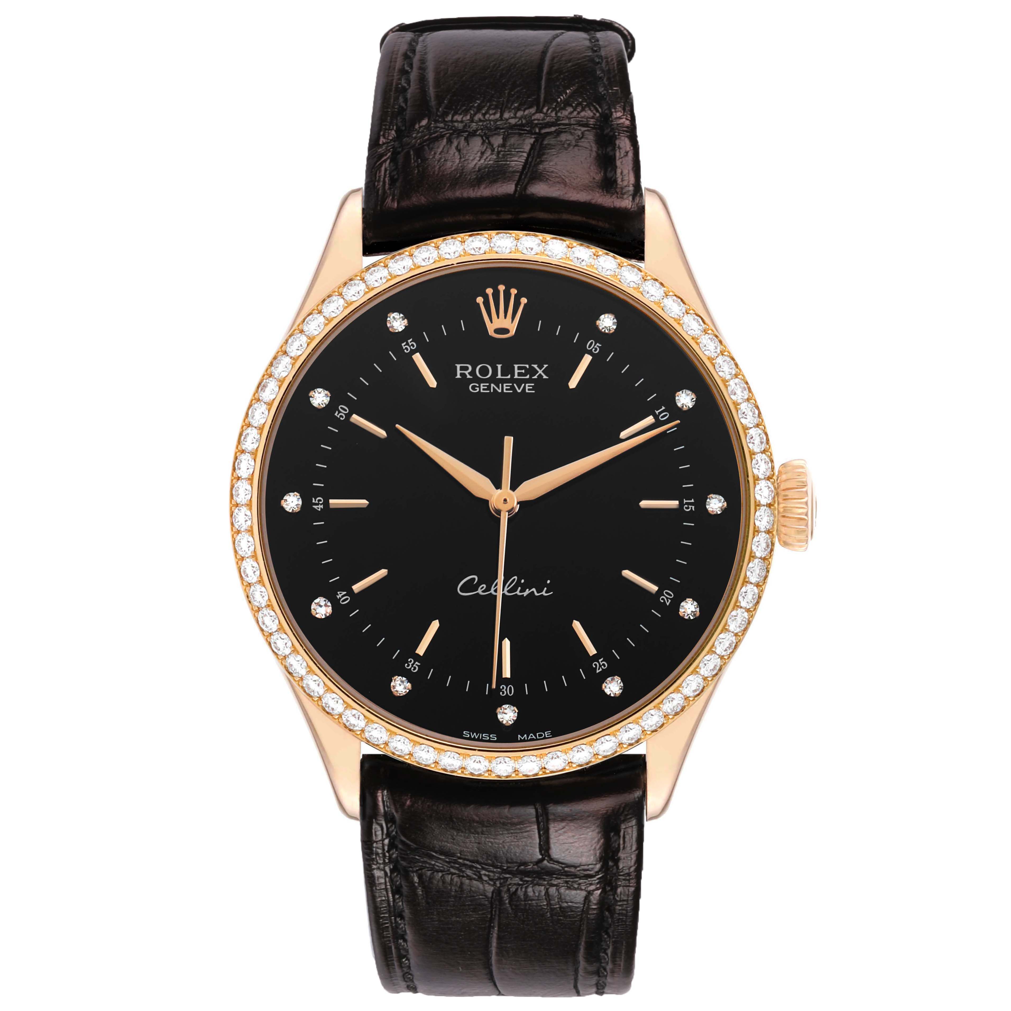 The Rolex Cellini 50705 Men's Rose Gold Black Dial watch is shown from the front, displaying its black dial, gold hands, diamond bezel, and leather strap.