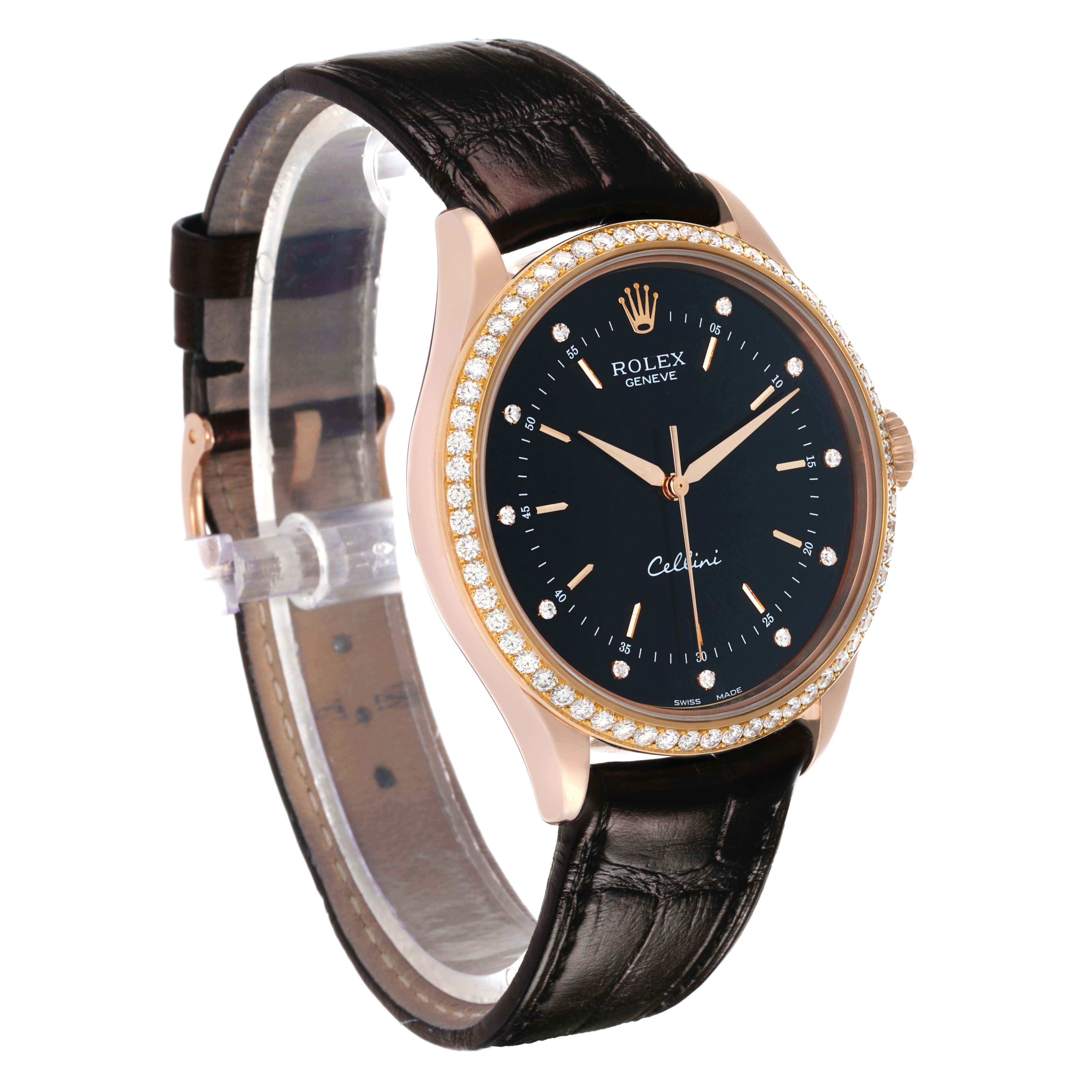 The Rolex Cellini 50705 Men's Rose Gold Black Dial watch is shown at a three-quarter view, displaying its face, bezel, and leather strap.
