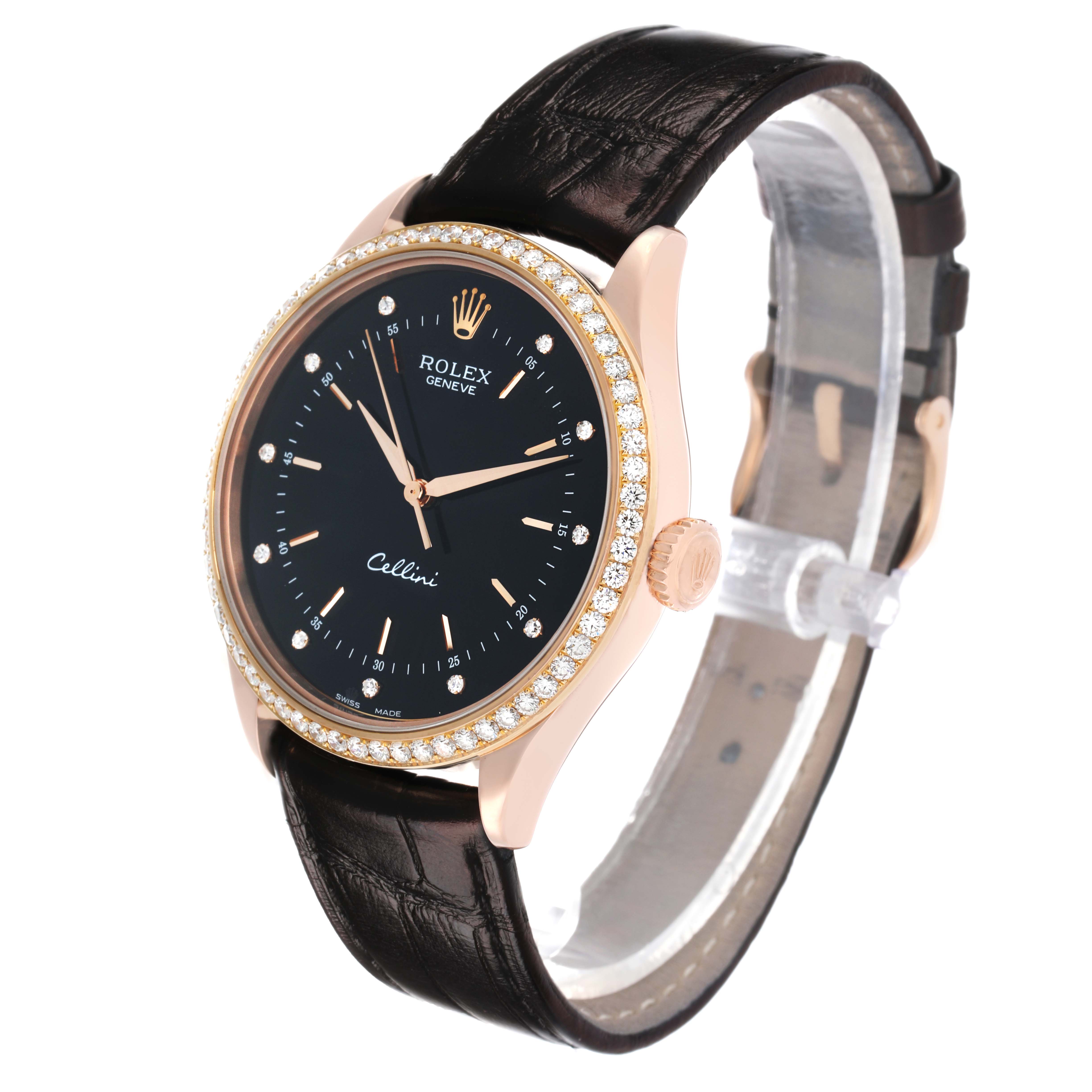 The Rolex Cellini 50705 Men's Rose Gold Black Dial watch is shown at an angle displaying the face, bezel, crown, and part of the leather strap.