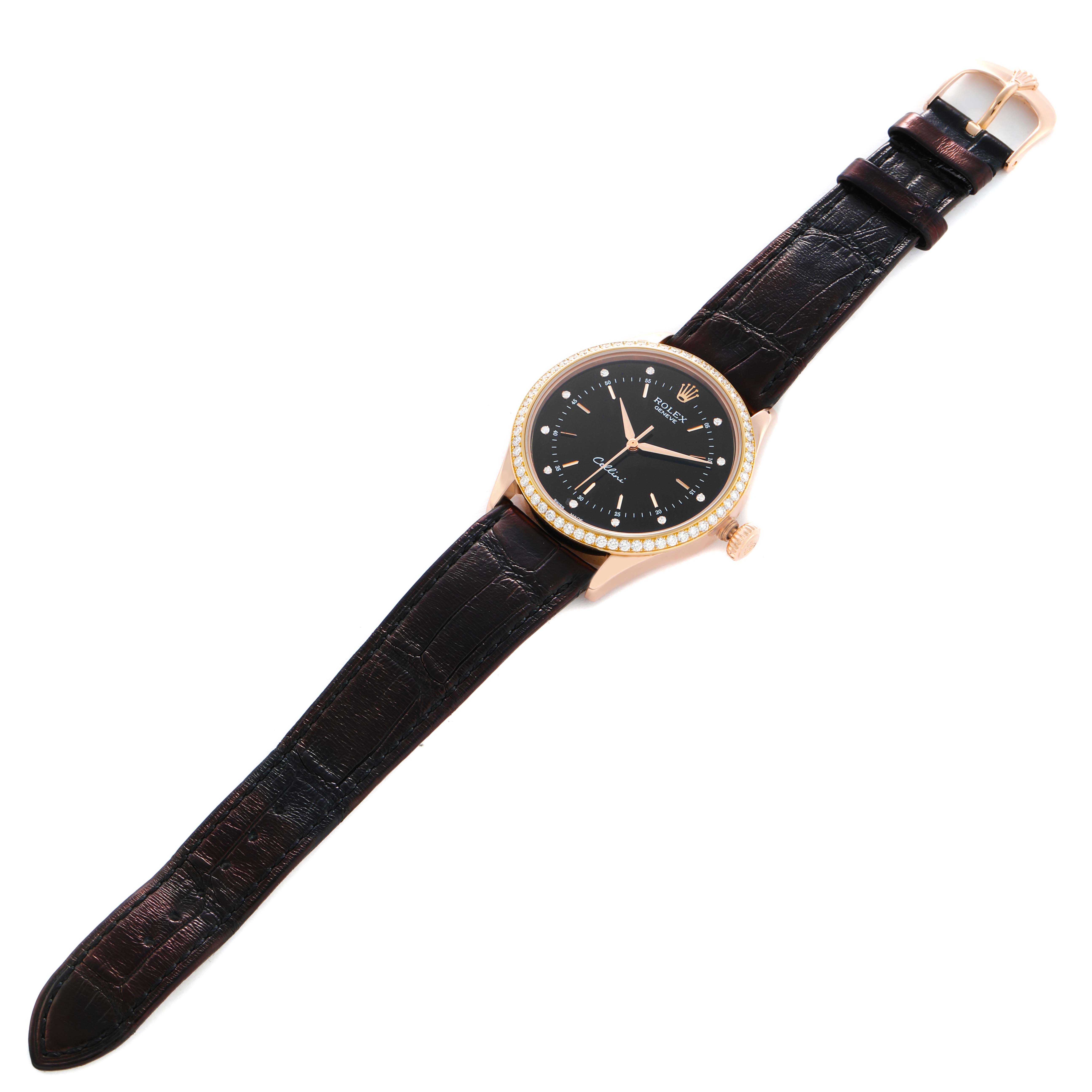 The Rolex Cellini 50705 Men's Rose Gold Black Dial watch is shown at a slight angle, displaying the face, bezel, crown, and leather strap.