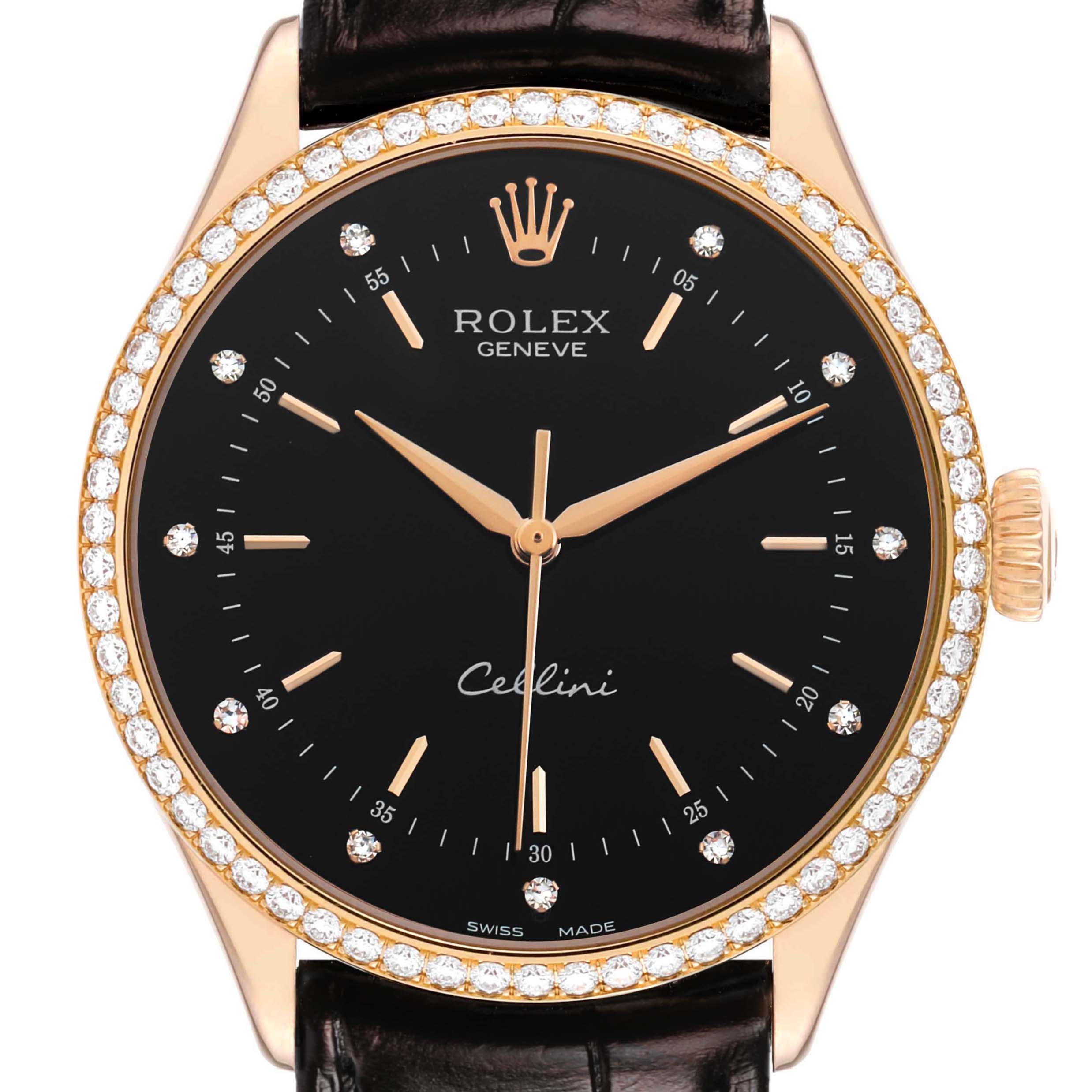 The watch is a Rolex Cellini 50705 Men's Rose Gold Black Dial model shown from the front, highlighting its bezel, dial, hands, and leather strap connection.
