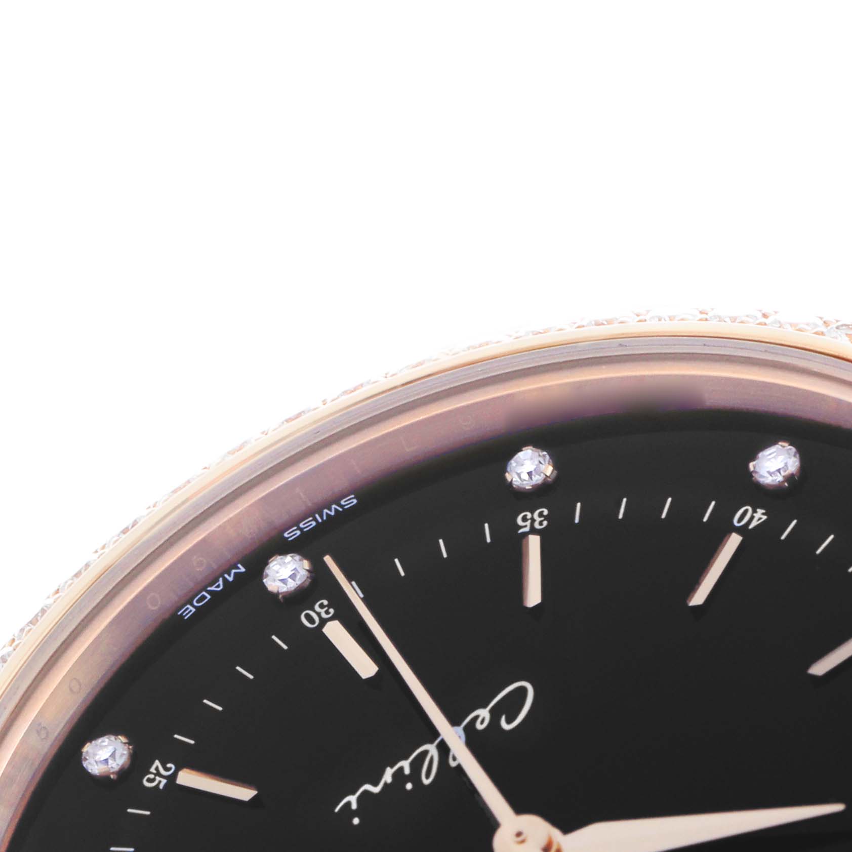 The image shows a close-up of the Rolex Cellini 50705 Men's Rose Gold Black Dial watch face at an angle, highlighting the dial, hour markers, and part of the case.