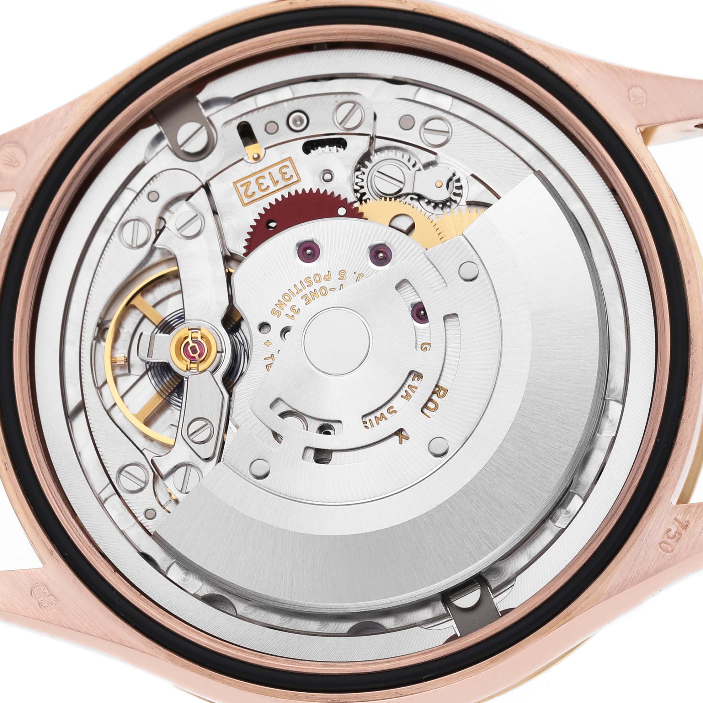 The image shows the movement of a Rolex Cellini 50705 Men's Rose Gold Black Dial watch from a rear angle, highlighting the rotor and intricate gears.