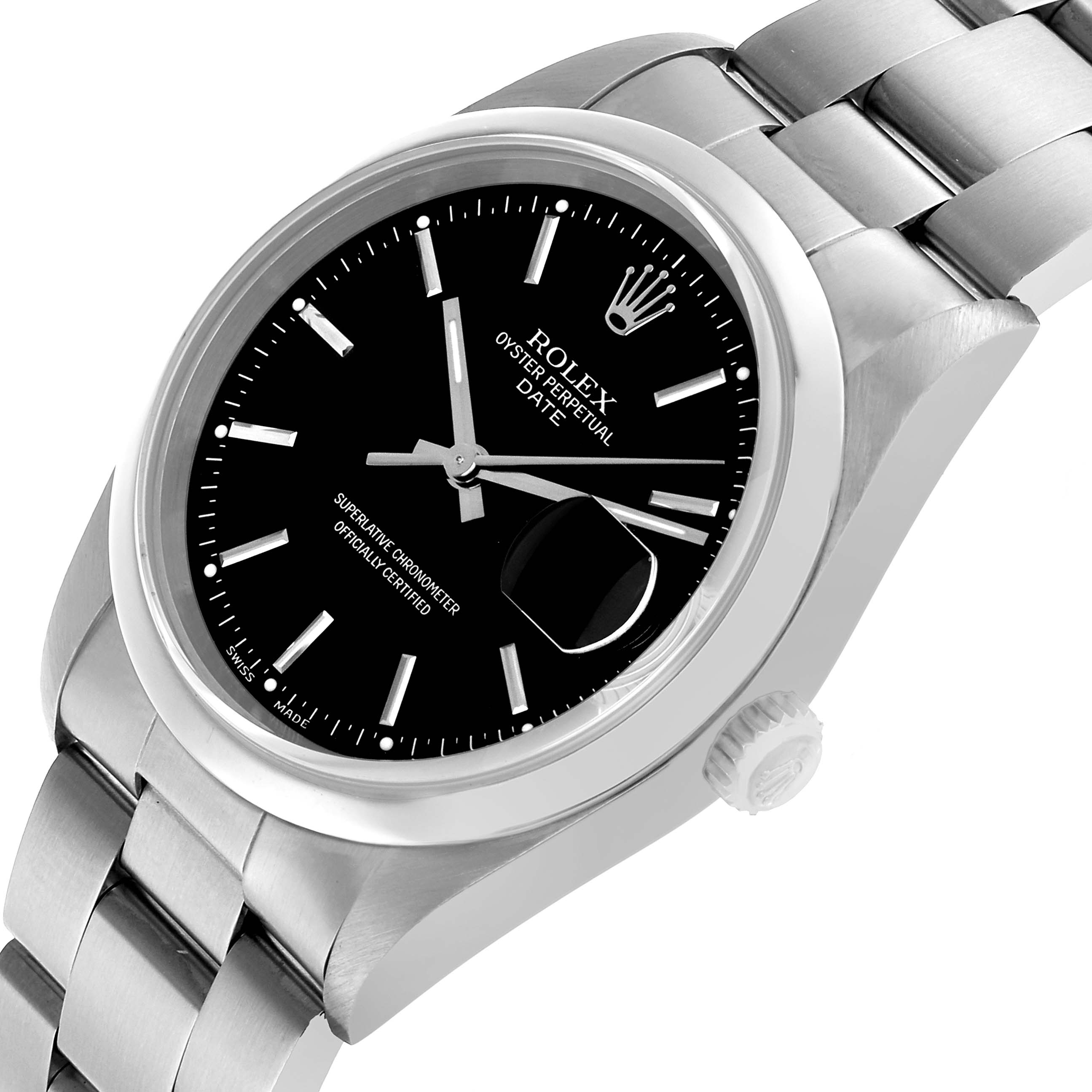 The Rolex Date 15200 Men's Stainless Steel Black Dial watch is shown at a tilted angle, displaying the dial, bezel, crown, and part of the bracelet.