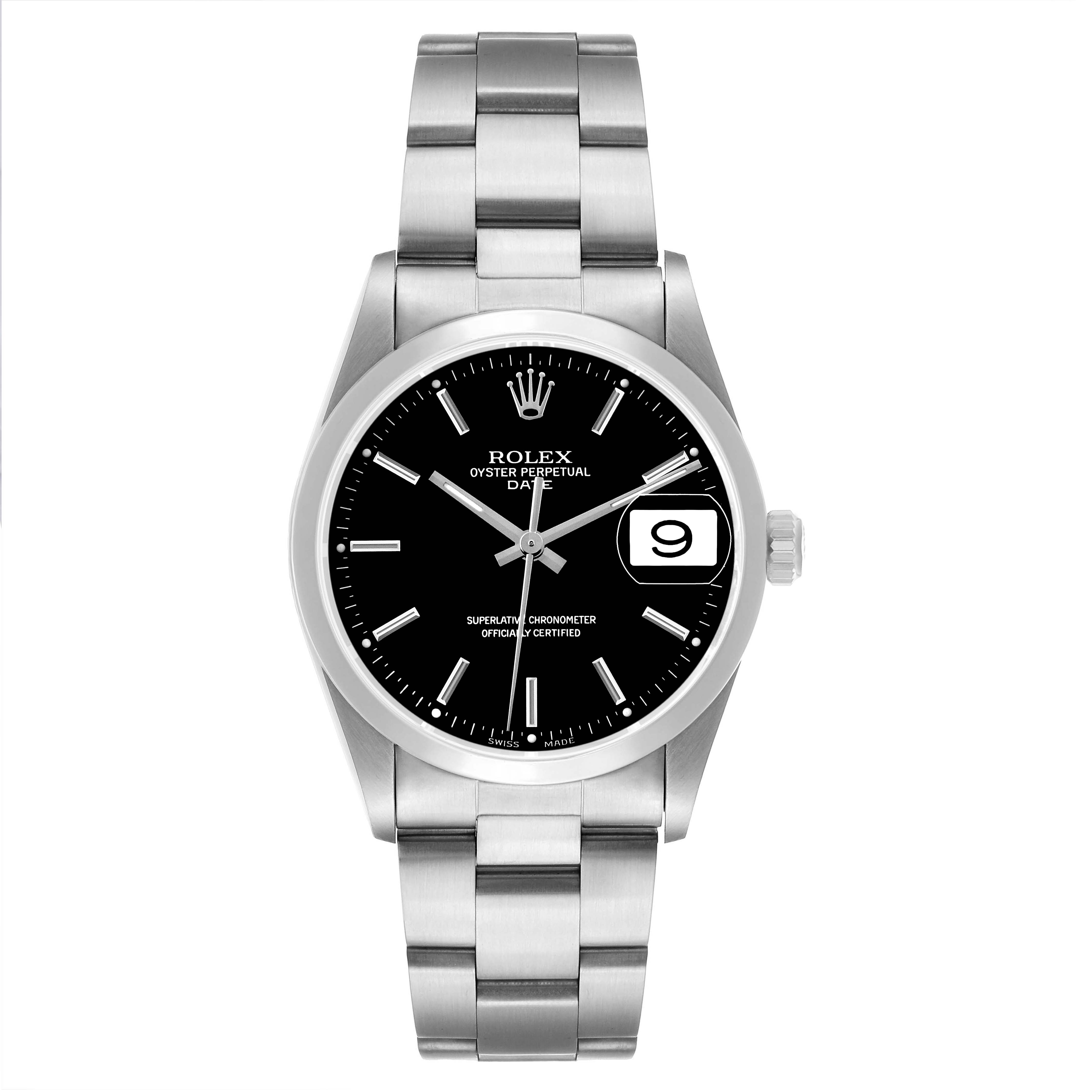 The image shows a Rolex Date 15200 Men's Stainless Steel Black Dial watch from a front angle, displaying the dial, hands, date window, and bracelet.