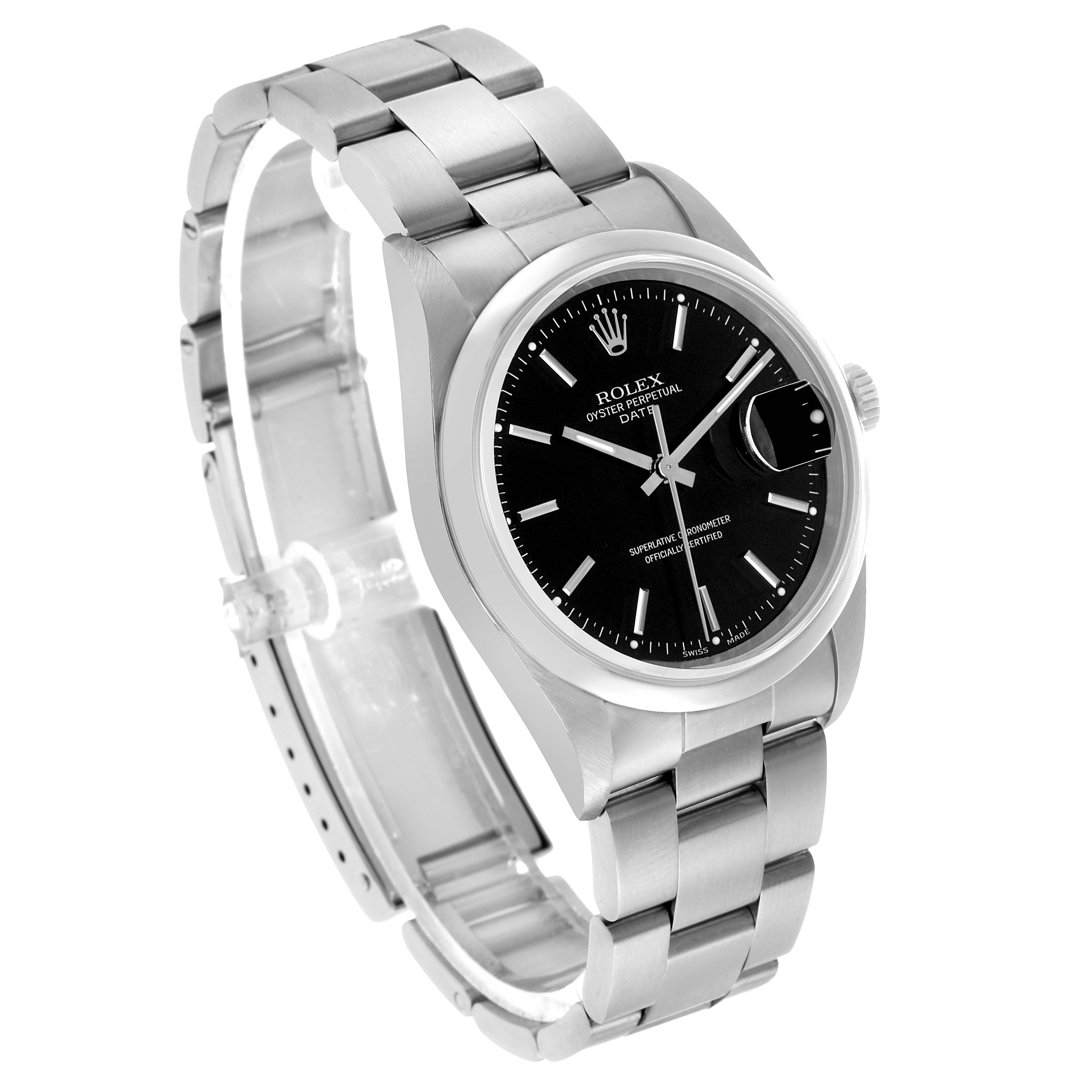 The Rolex Date 15200 Men's Stainless Steel Black Dial watch is angled to show the black dial, bezel, crown, bracelet, and date magnification clearly.