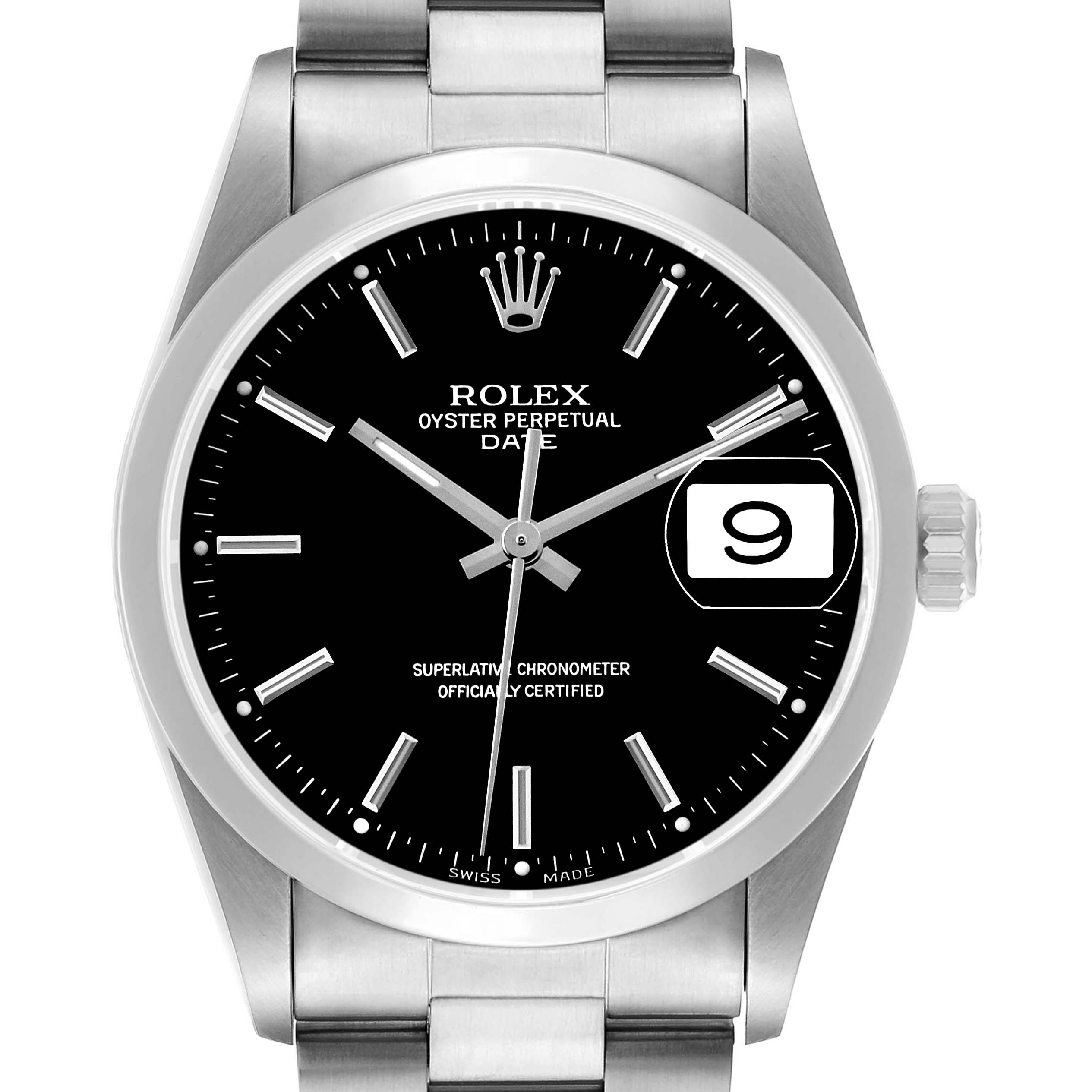 The image shows a front view of the Rolex Date 15200 Men's Stainless Steel Black Dial watch, highlighting the dial, hands, crown, and bracelet.