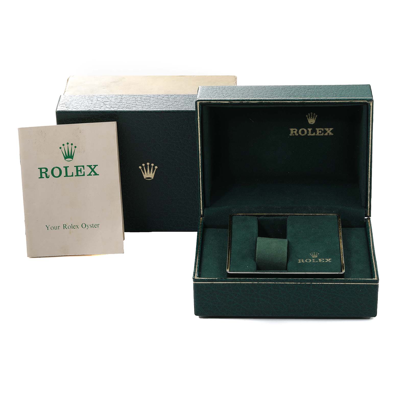 The image shows the opened box and packaging of a Rolex Vintage Collection 1501 Men's Stainless Steel Silver Dial 1501 Men's Stainless Steel Silver Dial watch, along with an instruction booklet.