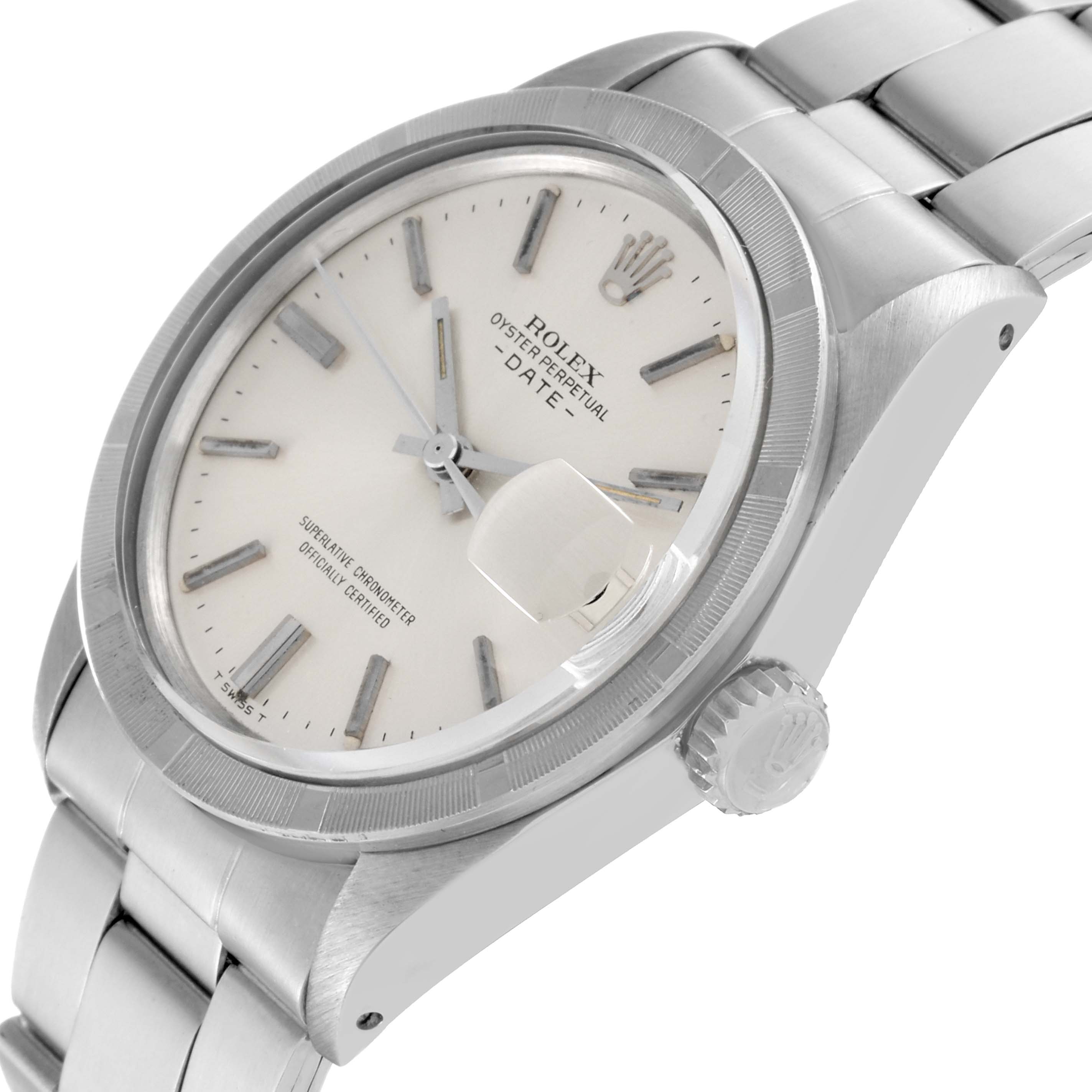 The image shows a Rolex Vintage Collection 1501 Men's Stainless Steel Silver Dial 1501 Men's Stainless Steel Silver Dial watch from a slight side angle, highlighting its dial, bezel, crown, and part of the bracelet.