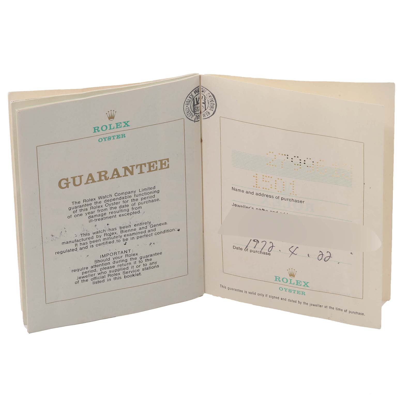 The image shows the guarantee and authenticity papers for a Rolex Vintage Collection 1501 Men's Stainless Steel Silver Dial 1501 Men's Stainless Steel Silver Dial model.