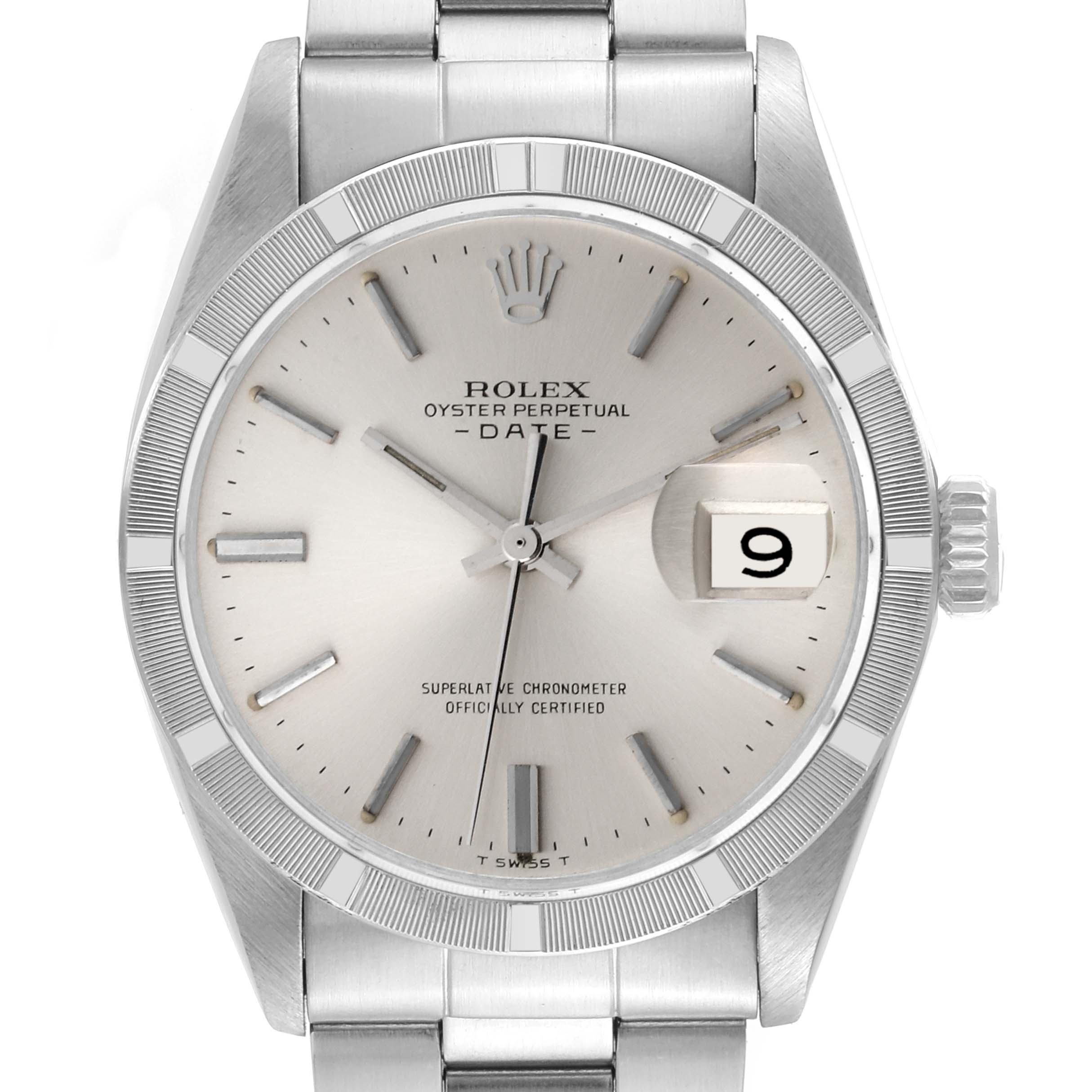 The image shows a front view of the Rolex Vintage Collection 1501 Men's Stainless Steel Silver Dial 1501 Men's Stainless Steel Silver Dial Oyster Perpetual Date watch, highlighting the dial, bezel, and bracelet.