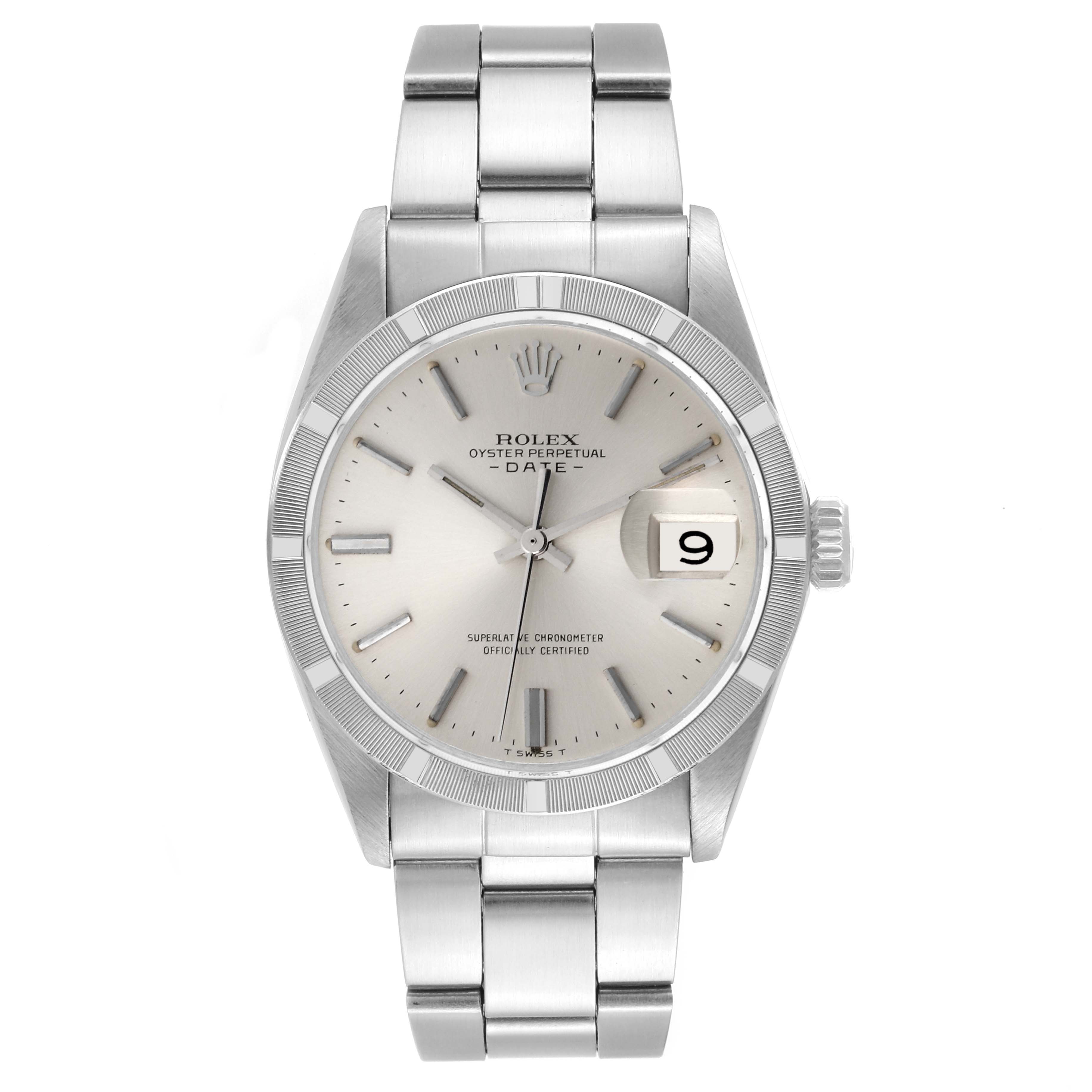 The front of a Rolex Vintage Collection 1501 Men's Stainless Steel Silver Dial 1501 Men's Stainless Steel Silver Dial watch displaying the dial, bezel, bracelet, and crown is shown.
