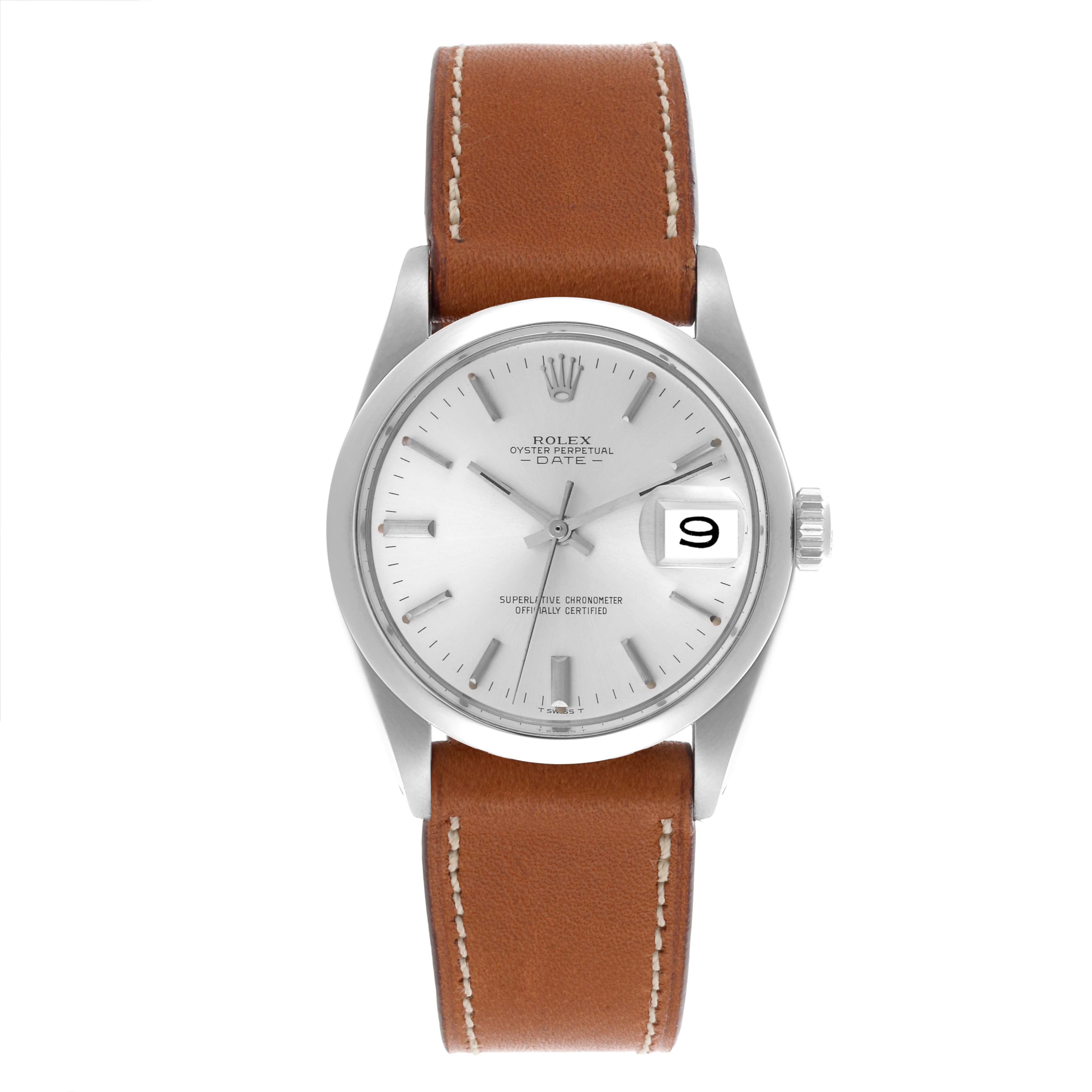 The Rolex Date 1500 Men's Stainless Steel Silver Dial 1500 Men's Stainless Steel Silver Dial watch is shown from a top-down angle, displaying the dial, bezel, and case with a brown leather strap.
