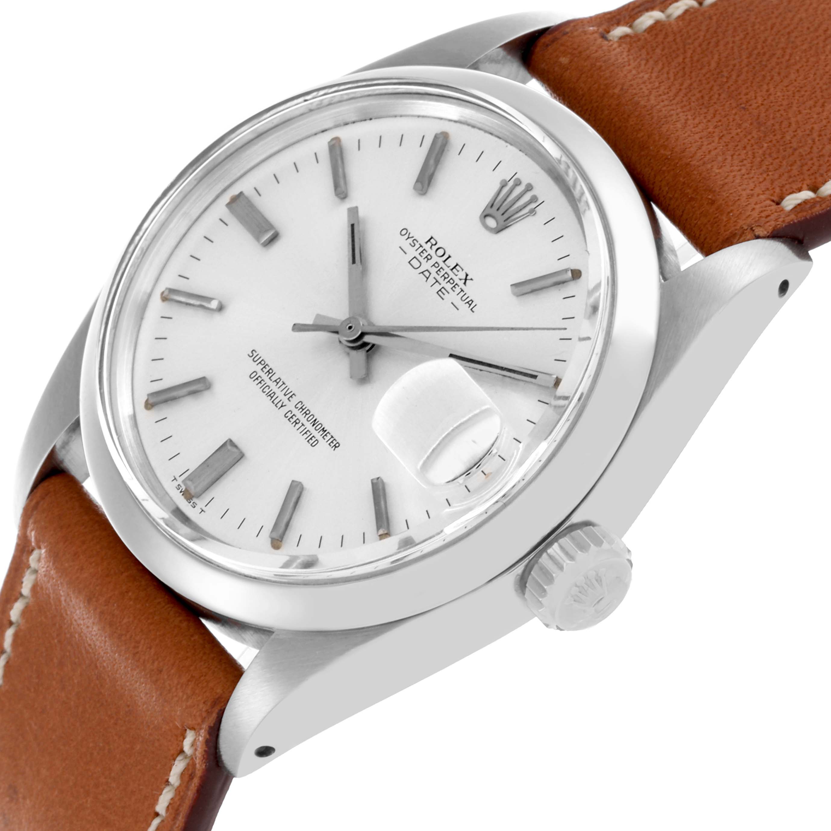 The Rolex Date 1500 Men's Stainless Steel Silver Dial 1500 Men's Stainless Steel Silver Dial model watch is shown at an angled view, highlighting the dial, bezel, and crown with a leather strap.