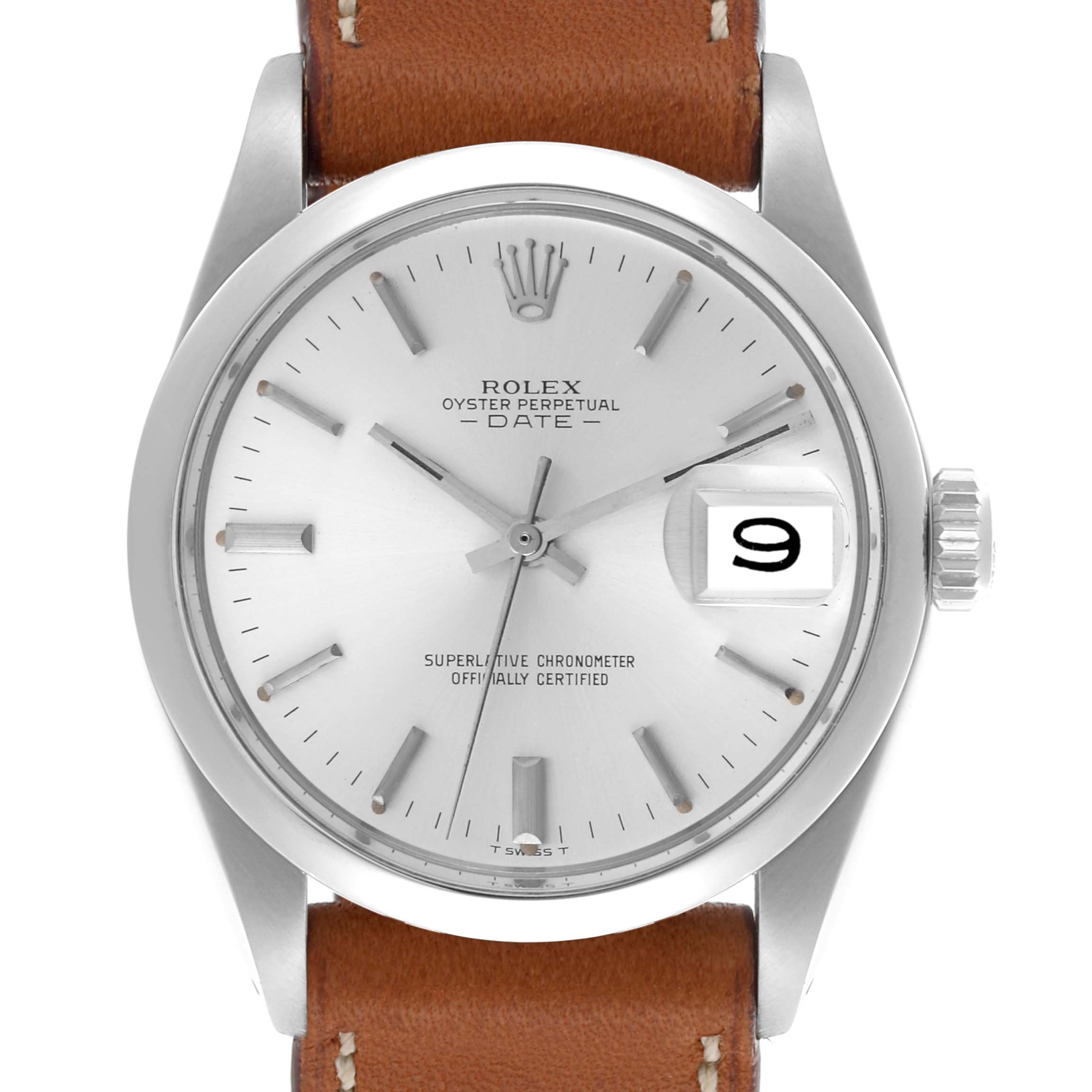 The Rolex Date 1500 Men's Stainless Steel Silver Dial 1500 Men's Stainless Steel Silver Dial watch is shown from a front angle, featuring the dial, bezel, crown, and leather strap.