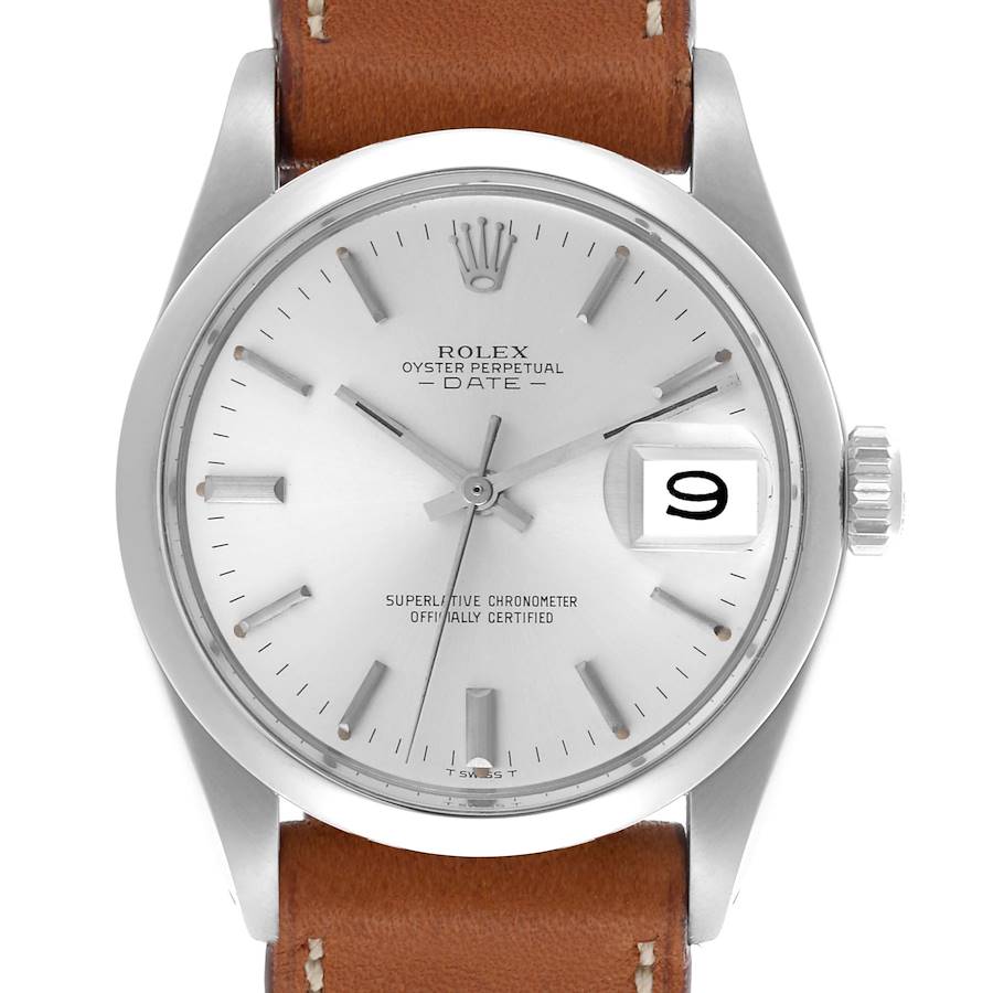 The Rolex Date watch is shown from a front angle, featuring the dial, bezel, crown, and leather strap.