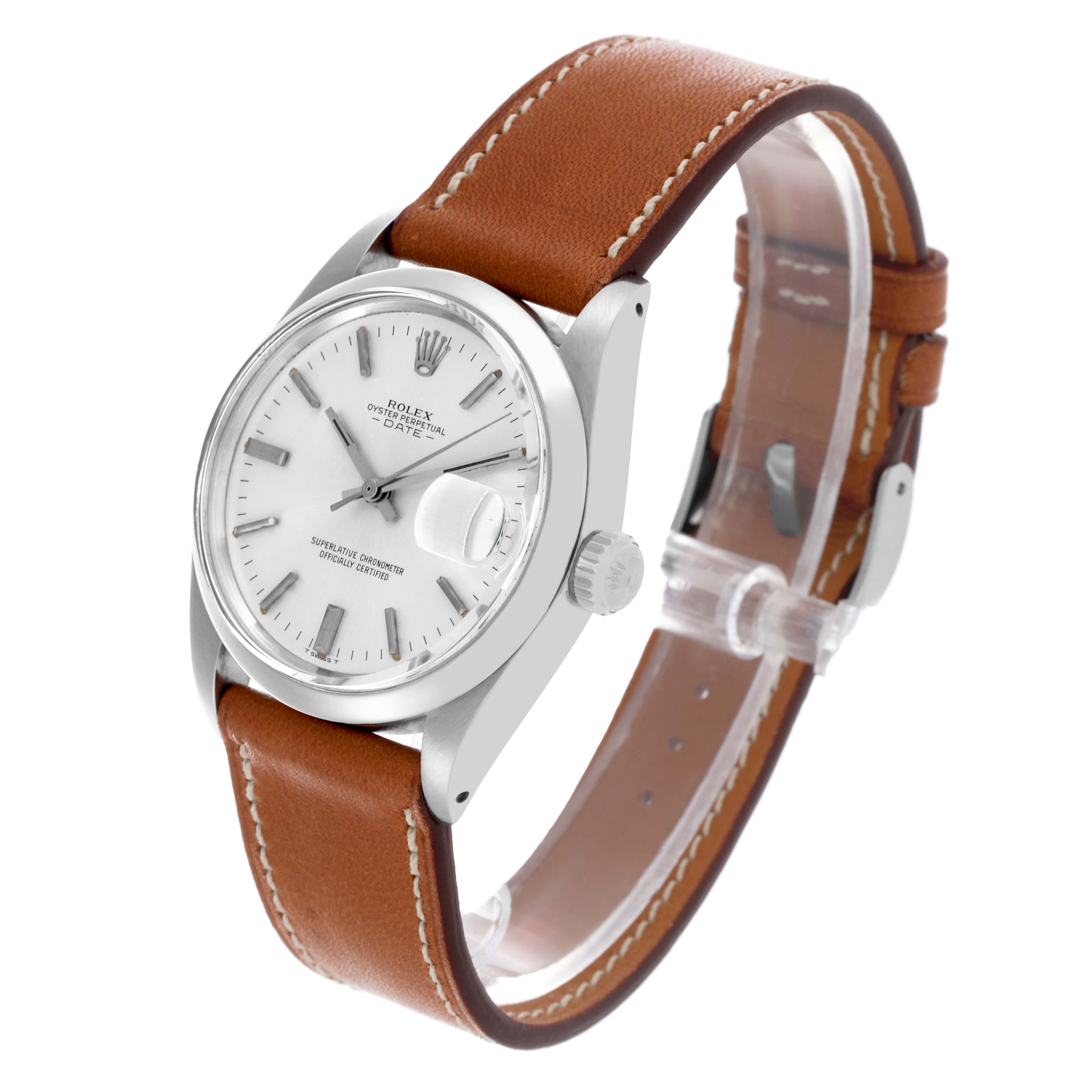 The Rolex Date 1500 Men's Stainless Steel Silver Dial 1500 Men's Stainless Steel Silver Dial watch is shown at a three-quarter angle, displaying its face, dial, crown, and brown leather strap.
