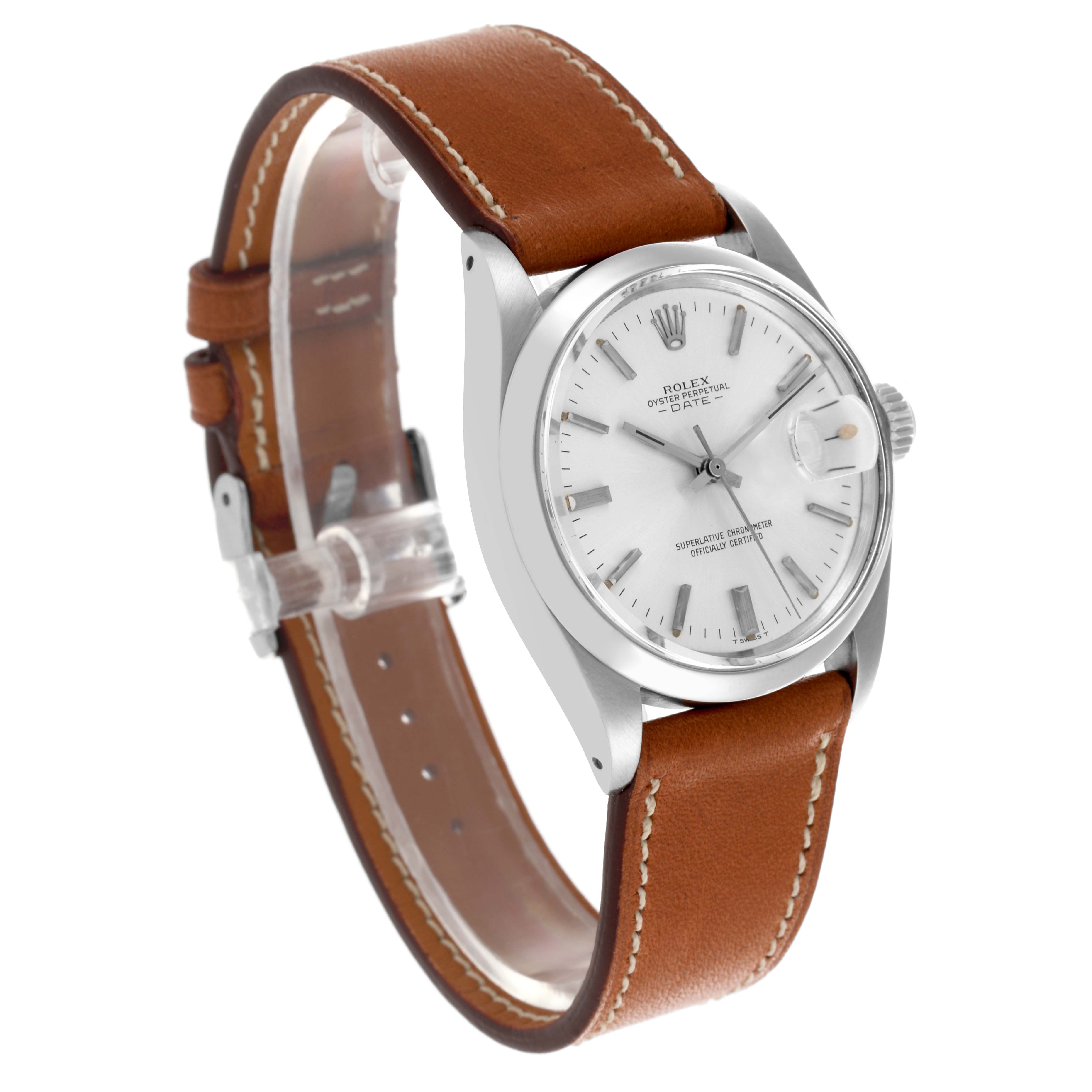 The Rolex Date 1500 Men's Stainless Steel Silver Dial 1500 Men's Stainless Steel Silver Dial watch is shown at a three-quarter angle, displaying the dial, case, crown, and tan leather strap.