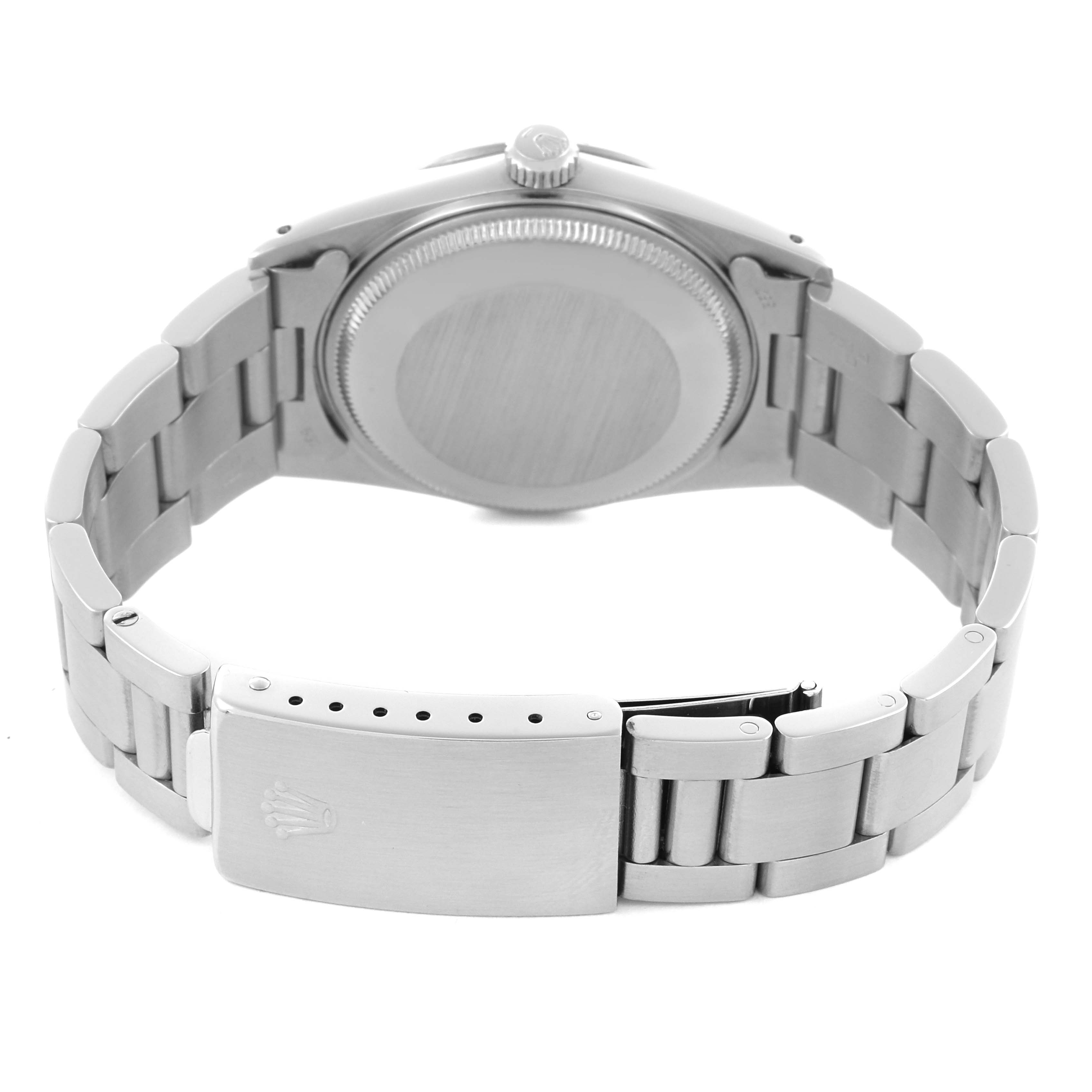 The back view of the Rolex Date 15000 Men
s Stainless Steel Silver Dial 15000 Men
s Stainless Steel Silver Dial model is shown, highlighting the case back and clasp.