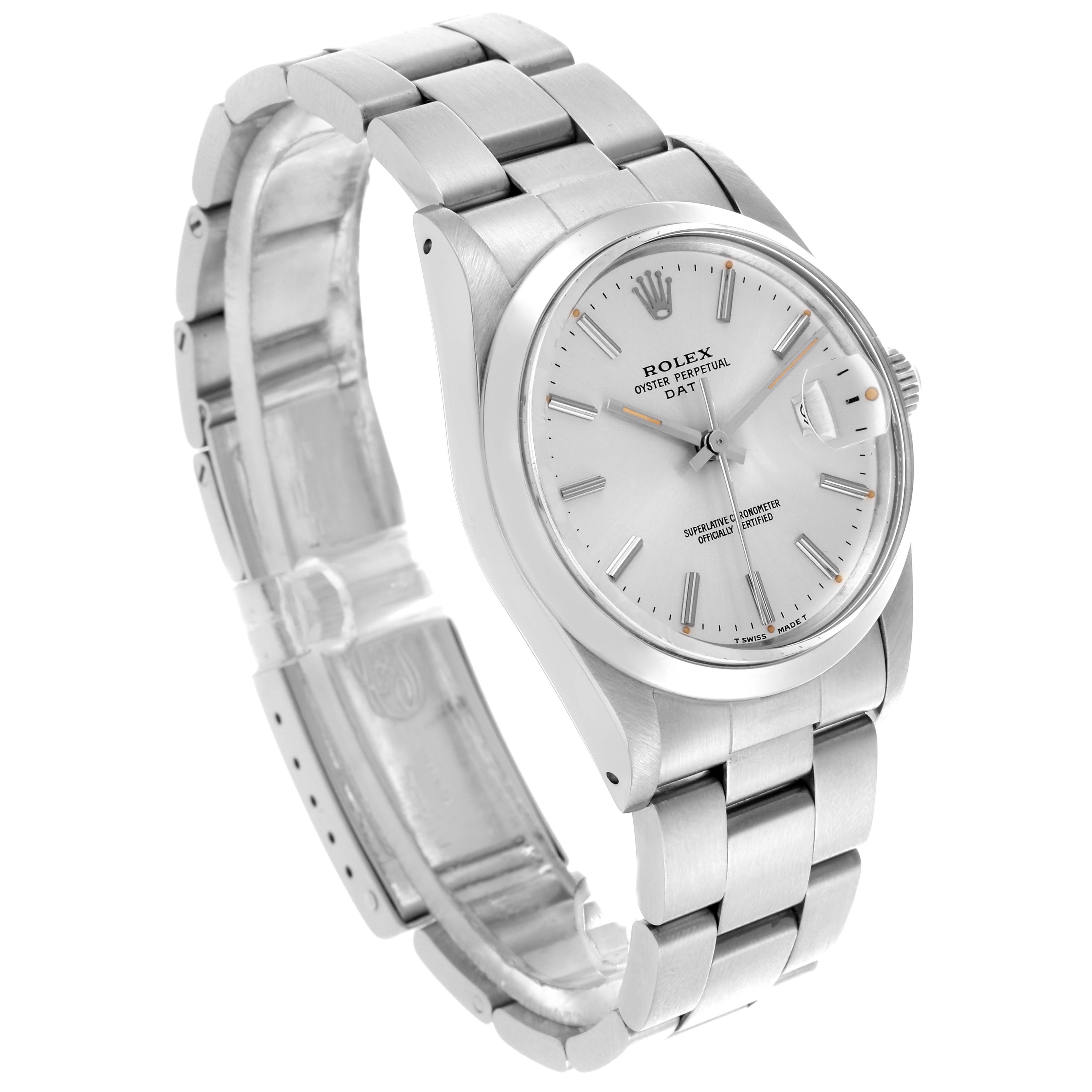 The Rolex Date 15000 Men
s Stainless Steel Silver Dial 15000 Men
s Stainless Steel Silver Dial watch is shown from a three-quarter angle, highlighting the face, case, and bracelet.