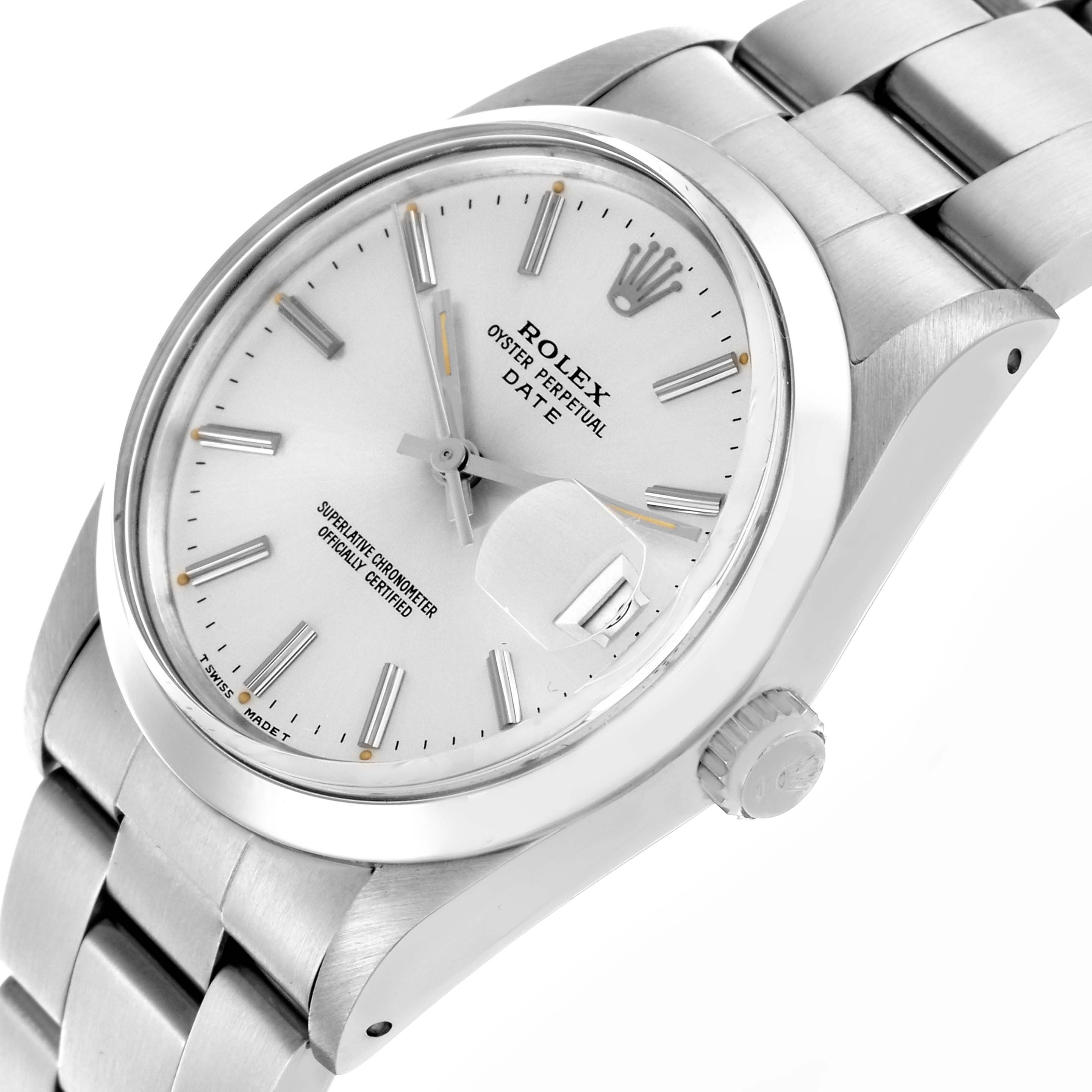 The Rolex Date 15000 Men
s Stainless Steel Silver Dial 15000 Men
s Stainless Steel Silver Dial watch is shown from a three-quarter angle, highlighting the dial, crown, and metal bracelet.