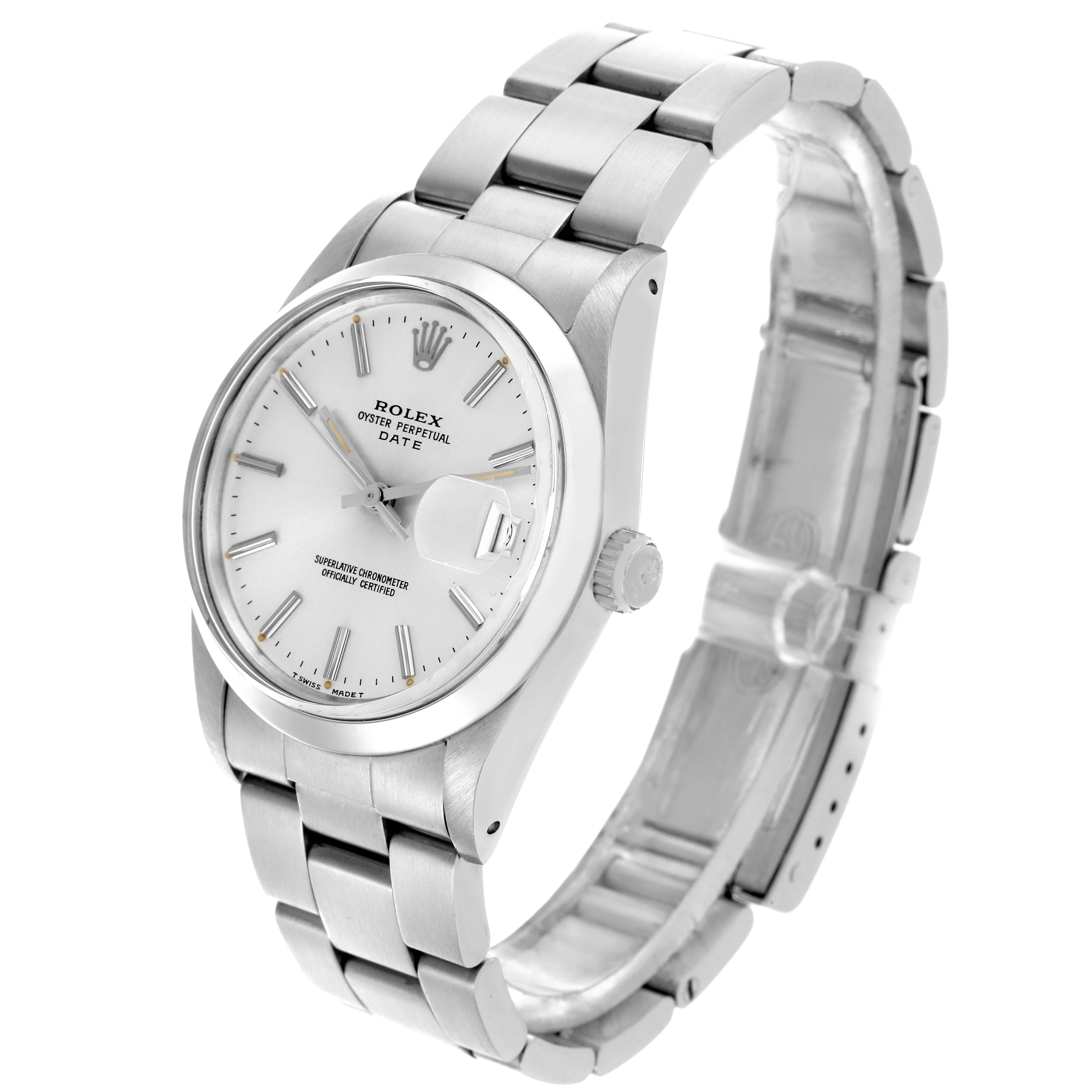 The Rolex Date 15000 Men
s Stainless Steel Silver Dial 15000 Men
s Stainless Steel Silver Dial watch is shown from a slightly angled side view, highlighting the dial, bracelet, and case.