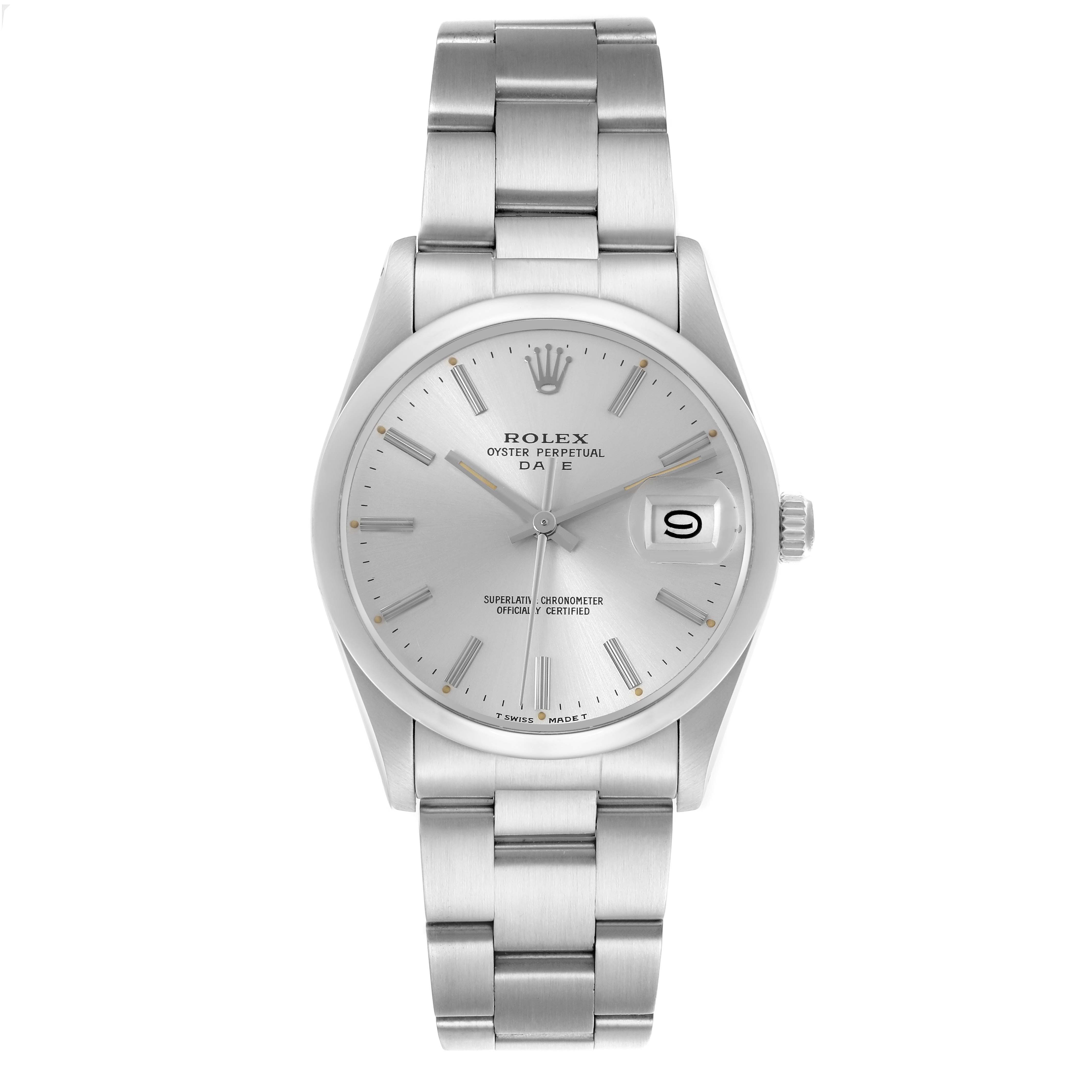 The image shows a full frontal view of the Rolex Date 15000 Men
s Stainless Steel Silver Dial 15000 Men
s Stainless Steel Silver Dial watch, displaying the face, bracelet, and crown.