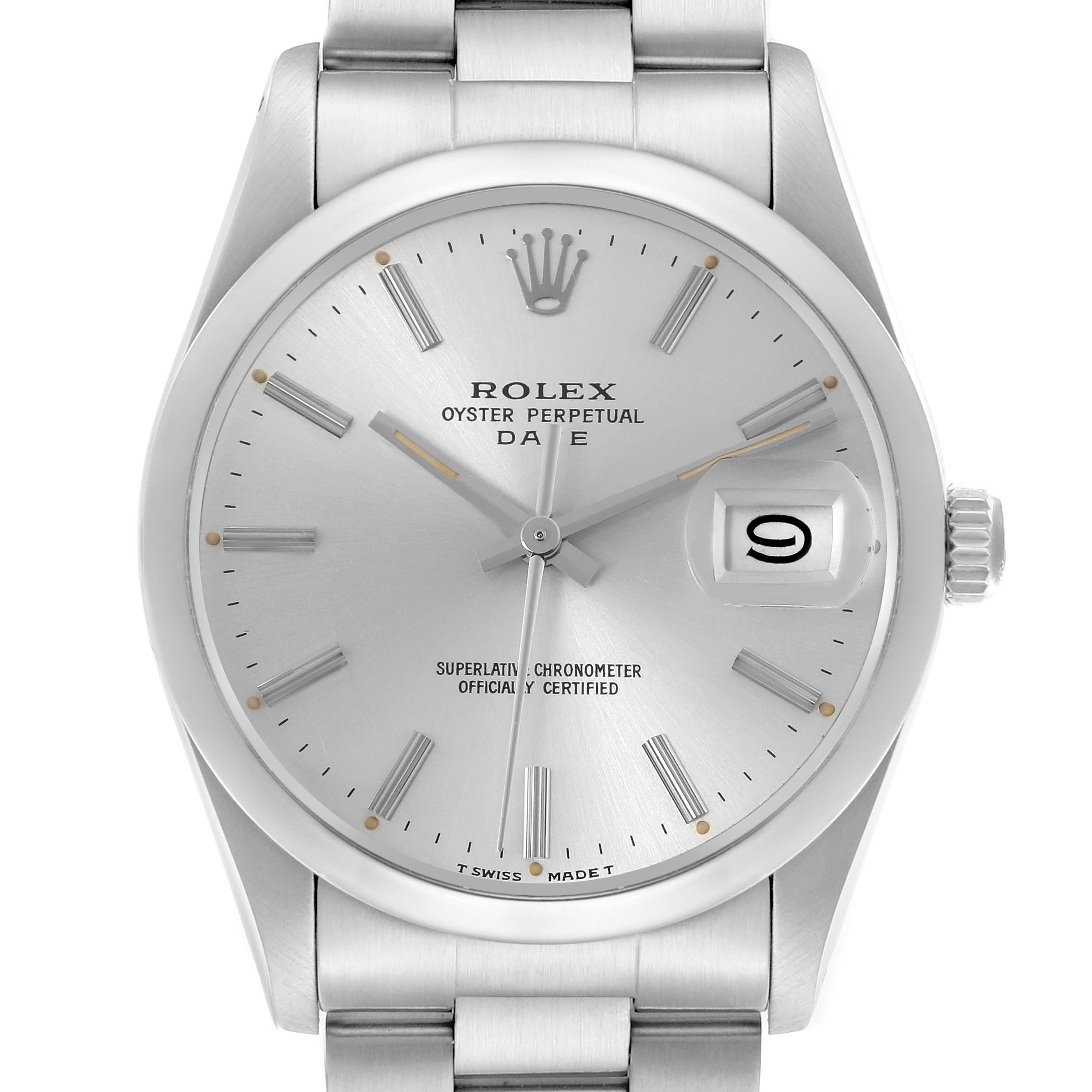 The Rolex Date 15000 Men
s Stainless Steel Silver Dial 15000 Men
s Stainless Steel Silver Dial model is shown from the front, displaying the dial, hands, date window, and part of the bracelet.