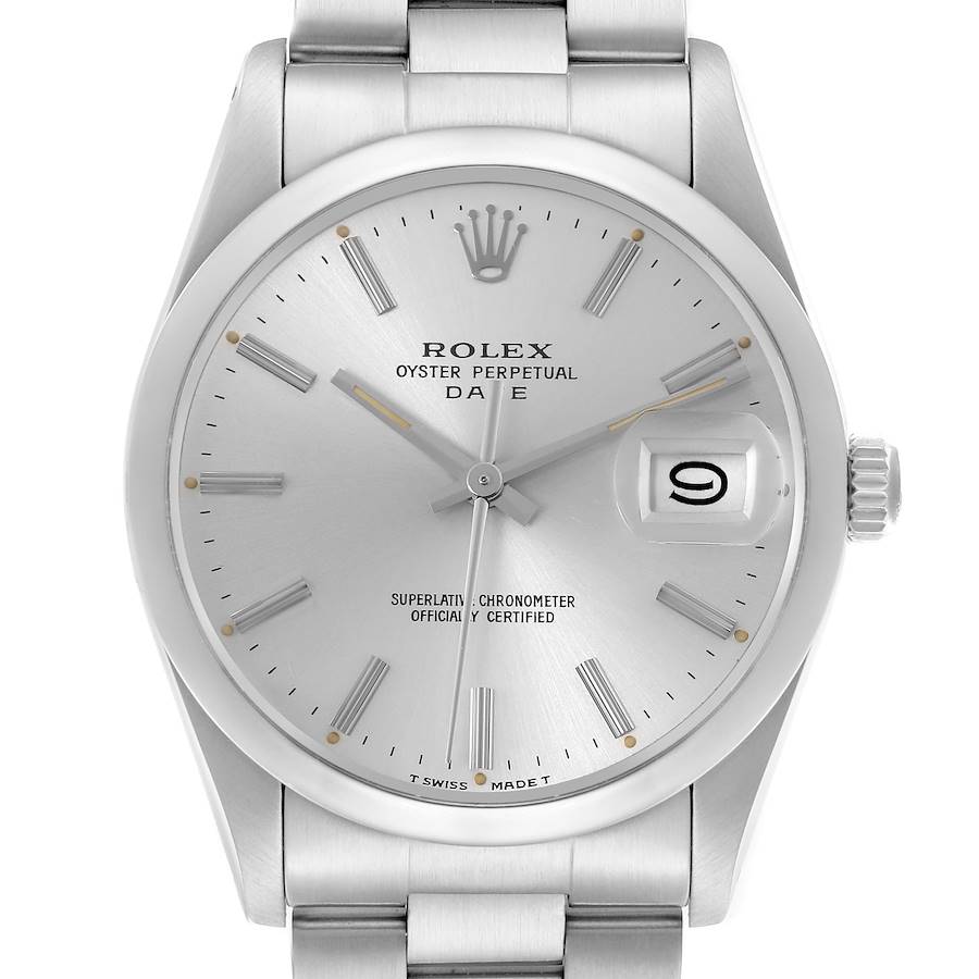 The Rolex Date model is shown from the front, displaying the dial, hands, date window, and part of the bracelet.