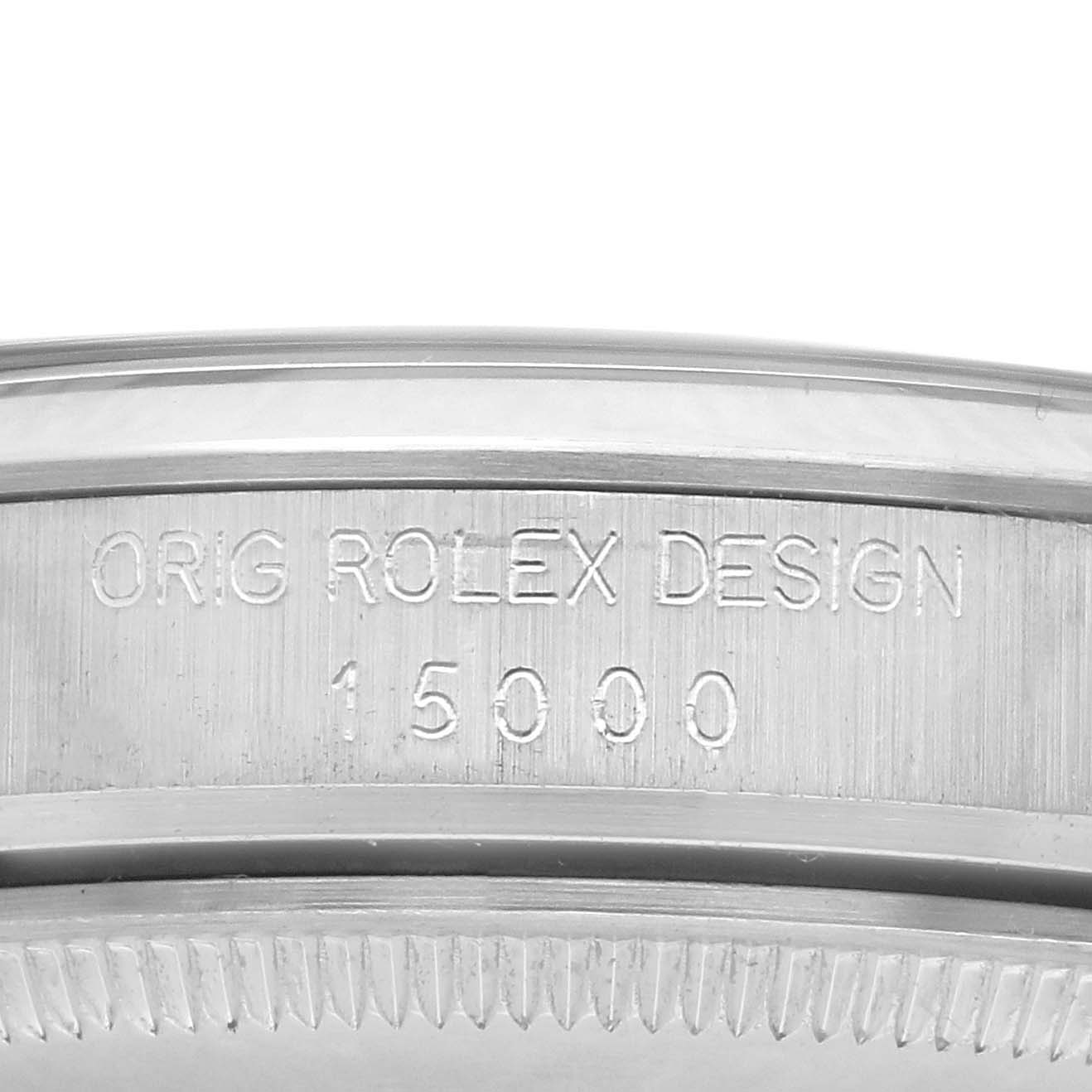 The image shows the side view of a Rolex Date 15000 Men
s Stainless Steel Silver Dial 15000 Men
s Stainless Steel Silver Dial model case with engraved design details and model number.