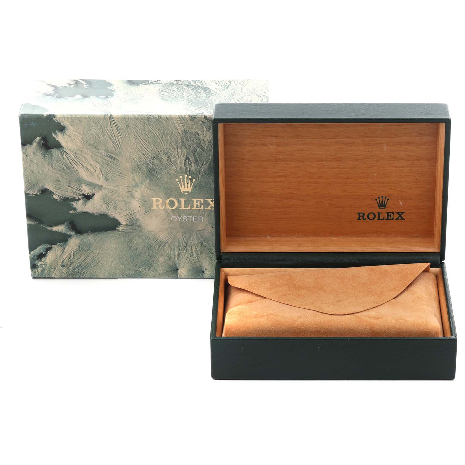 The image shows a Rolex Date 15000 Men
s Stainless Steel Silver Dial 15000 Men
s Stainless Steel Silver Dial model watch box and packaging, viewed from the front.