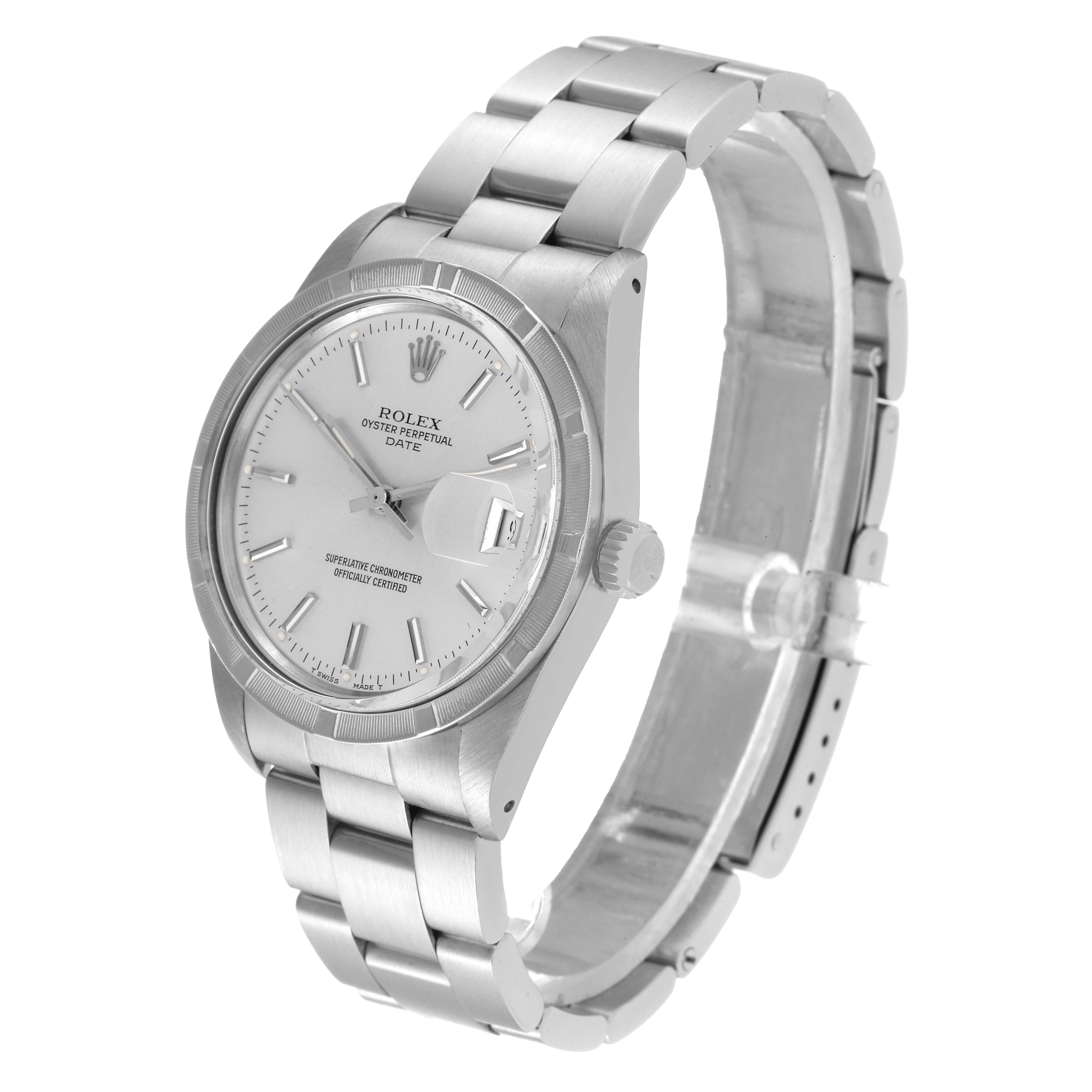 The image shows a side and slightly angled view of the Rolex Vintage Collection 15010 Men's Stainless Steel Silver Dial 15010 Men's Stainless Steel Silver Dial watch including the dial, bezel, band, and crown.