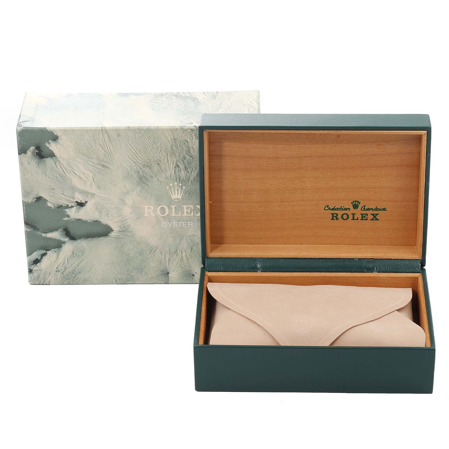 The image shows the packaging for a Rolex Vintage Collection 15010 Men's Stainless Steel Silver Dial 15010 Men's Stainless Steel Silver Dial model, including the outer box and an open inner wooden box.