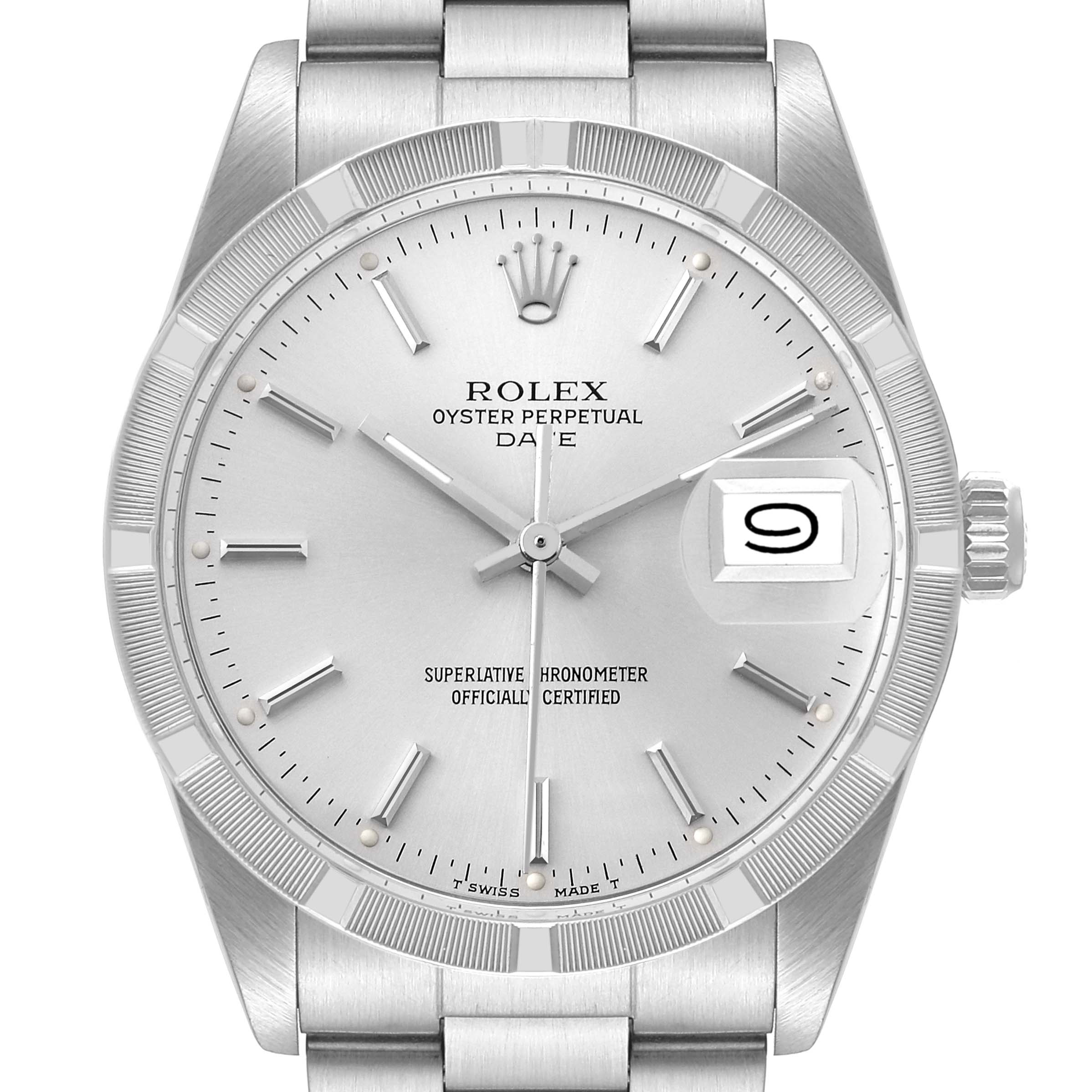 The image shows a frontal view of the Rolex Vintage Collection 15010 Men's Stainless Steel Silver Dial 15010 Men's Stainless Steel Silver Dial Oyster Perpetual Date watch, displaying its dial, hour markers, hands, and date window.