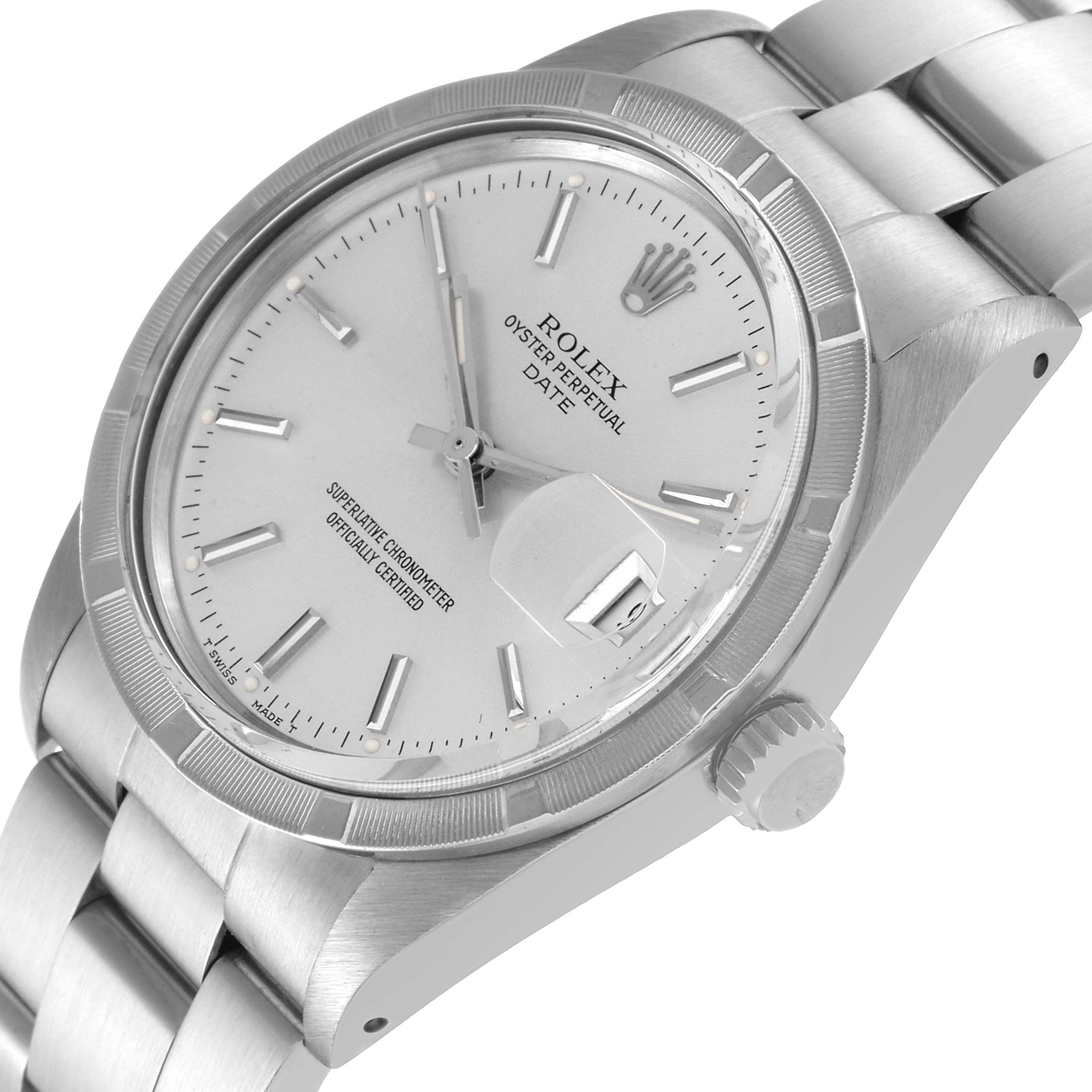 The image shows an angled view of a Rolex Vintage Collection 15010 Men's Stainless Steel Silver Dial 15010 Men's Stainless Steel Silver Dial model, highlighting its dial, crown, and bracelet.