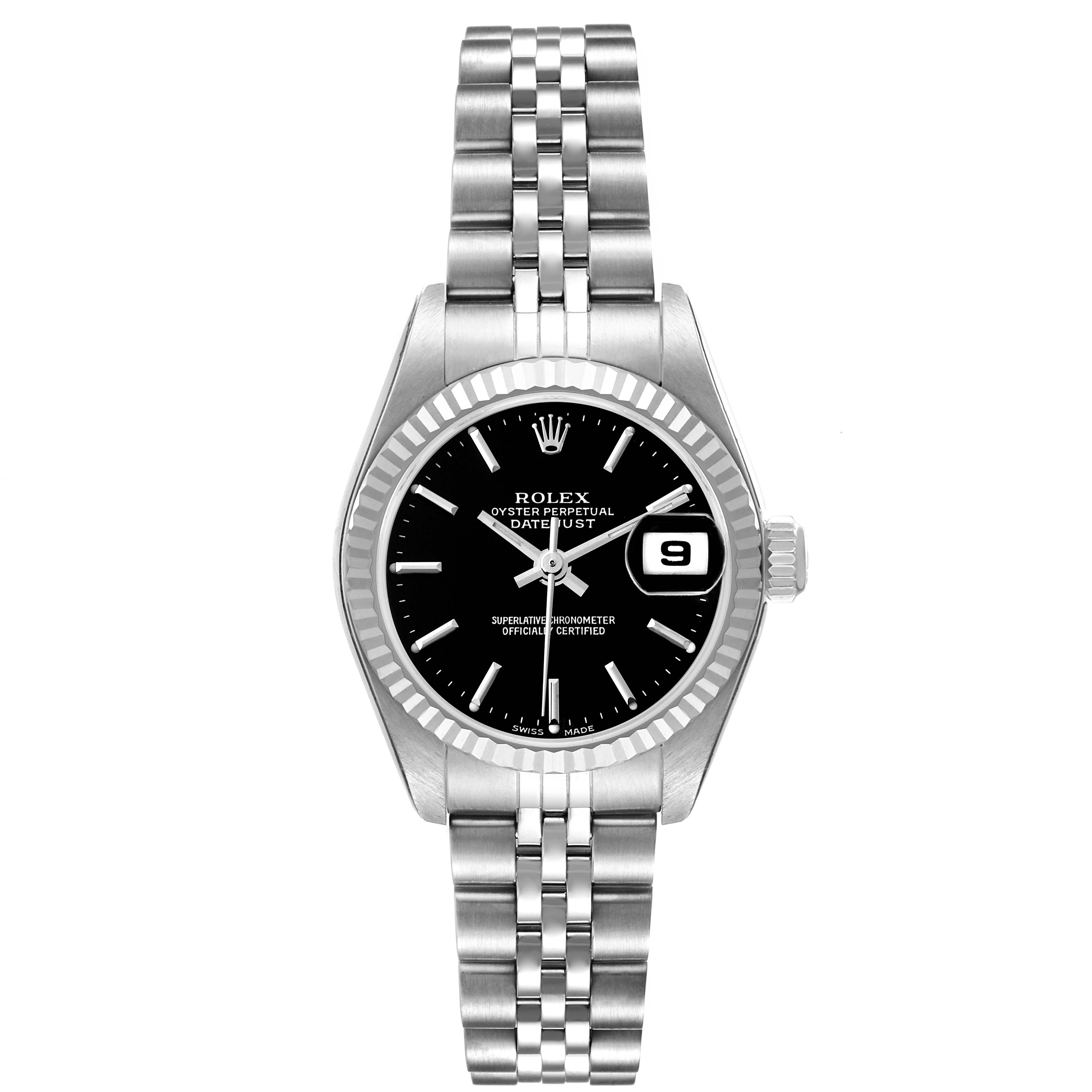 This is a front view of a Rolex Datejust 79174 Women's Stainless Steel Black Dial 79174 Women's Stainless Steel Black Dial watch showing the dial, bracelet, crown, and date magnifier.