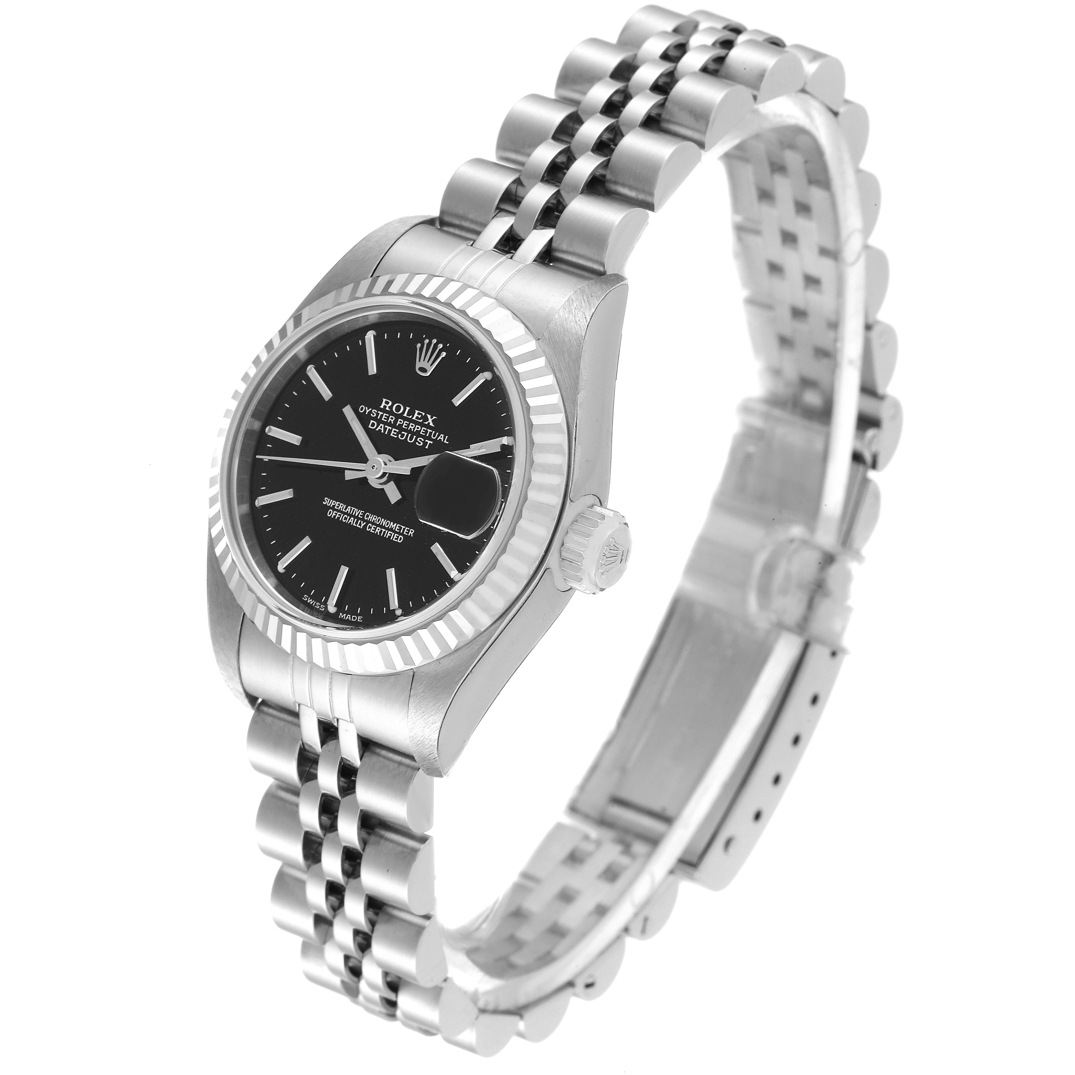 The Rolex Datejust 79174 Women's Stainless Steel Black Dial 79174 Women's Stainless Steel Black Dial watch is shown at an angle displaying the face, crown, and partially extended Jubilee bracelet.