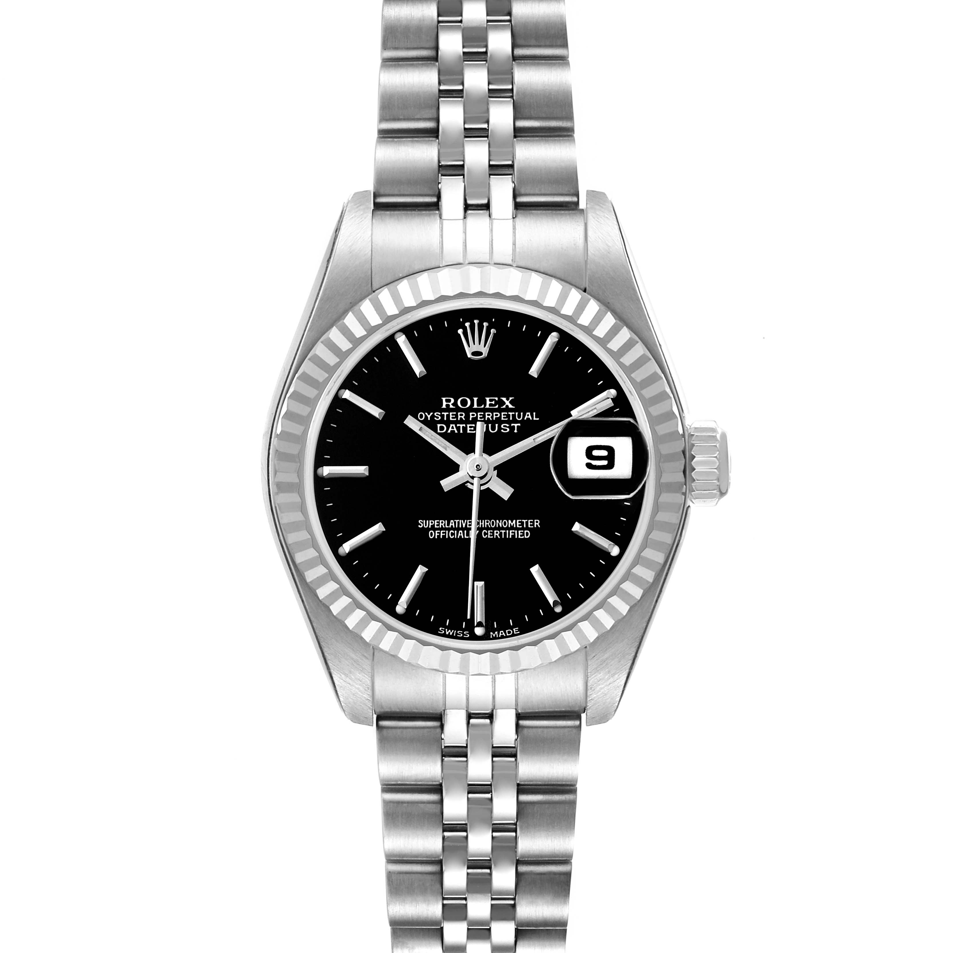 The image shows a black dial Rolex Datejust 79174 Women's Stainless Steel Black Dial 79174 Women's Stainless Steel Black Dial watch, viewed from the front, displaying its bracelet, case, and date window.