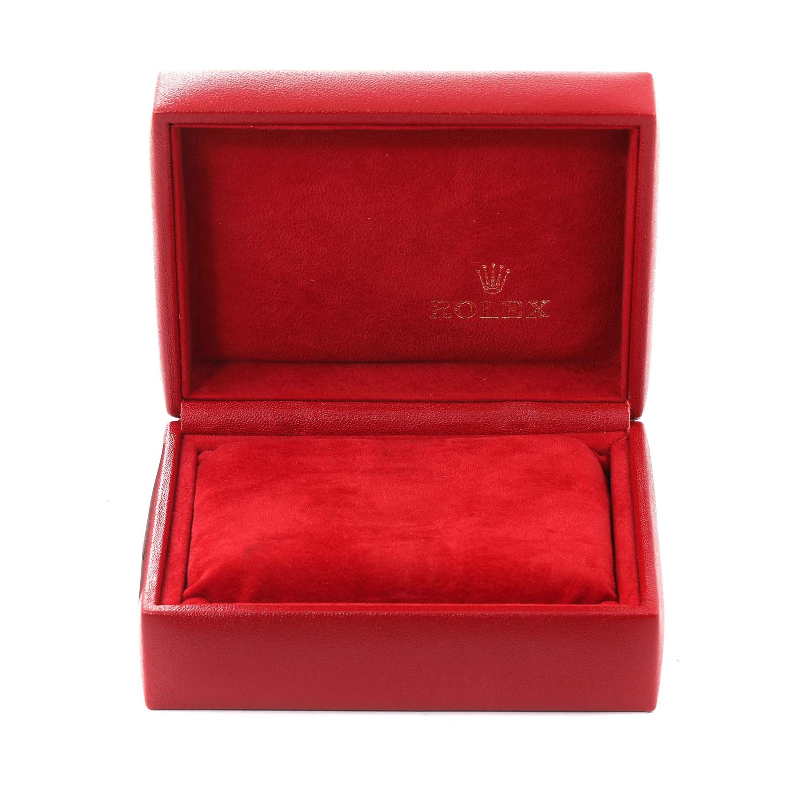 The image shows an open red Rolex Datejust 79174 Women's Stainless Steel Black Dial 79174 Women's Stainless Steel Black Dial watch box with plush interior and logo.