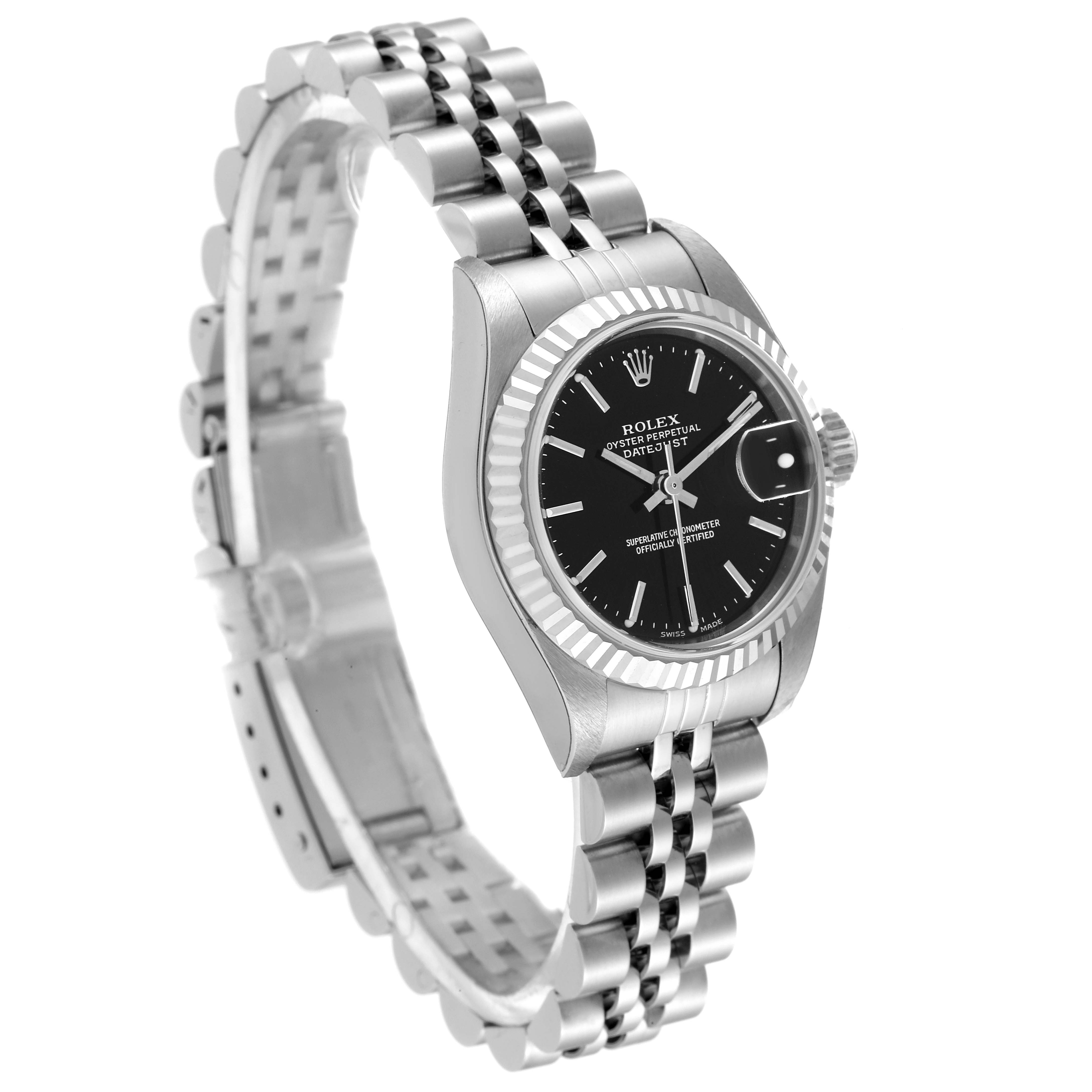The Rolex Datejust 79174 Women's Stainless Steel Black Dial 79174 Women's Stainless Steel Black Dial watch is shown at an angle displaying the black dial, fluted bezel, and Jubilee bracelet.