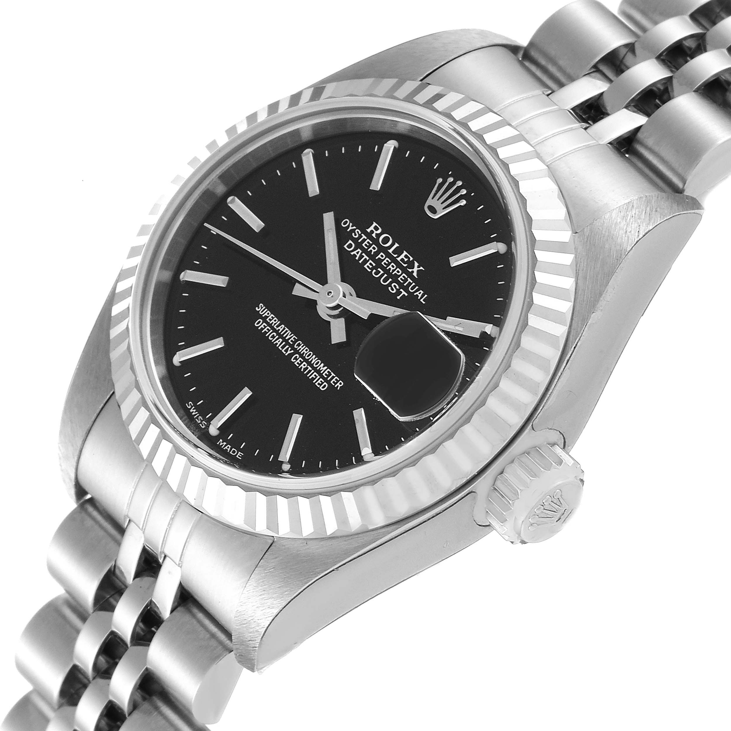 The image shows a Rolex Datejust 79174 Women's Stainless Steel Black Dial 79174 Women's Stainless Steel Black Dial watch at an angle, focusing on the dial, bezel, crown, and part of the bracelet.
