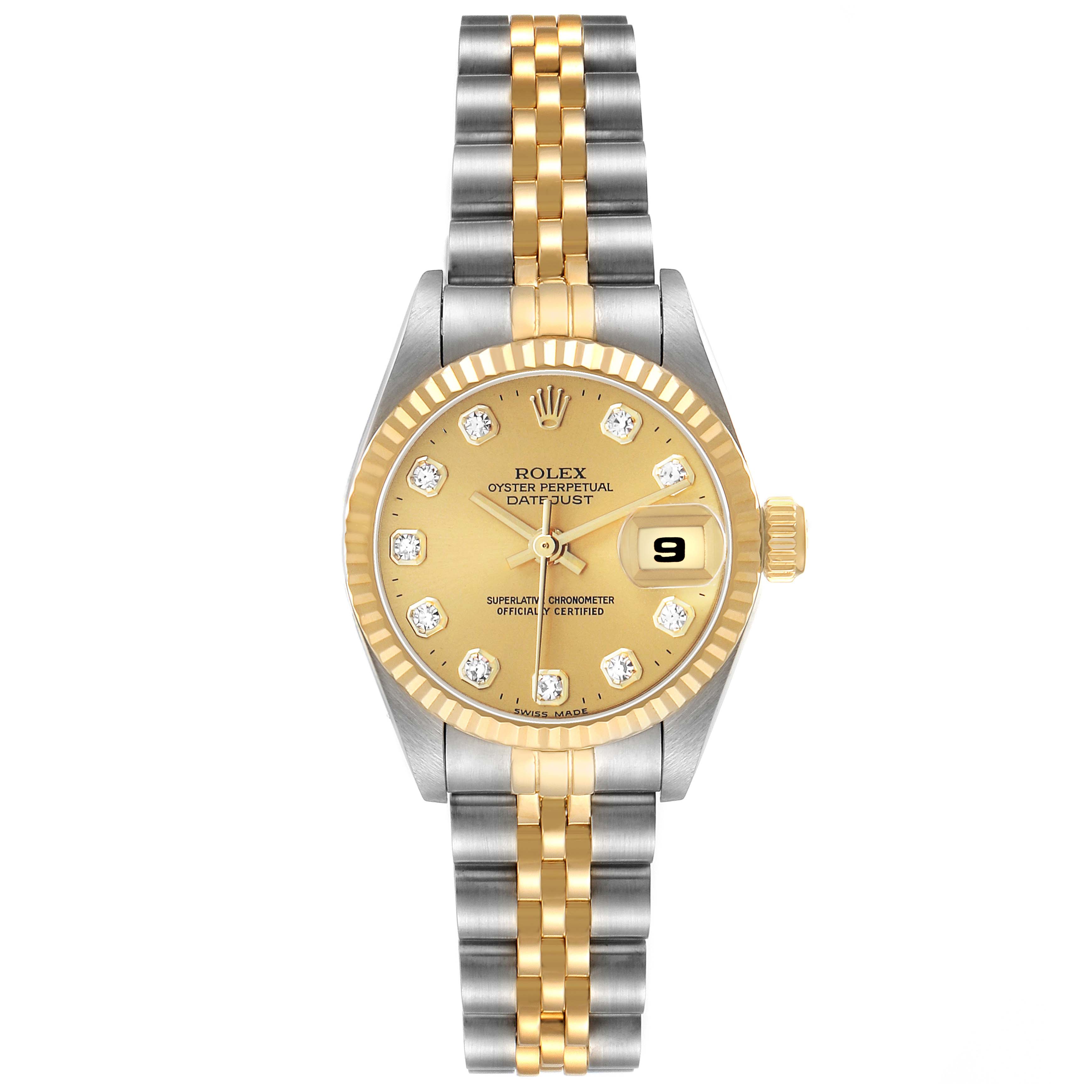 The Rolex Datejust 69173 Women's Steel and Gold (two tone) Champagne Dial watch is shown from a top-down angle, highlighting its face, fluted bezel, and two-tone Jubilee bracelet.