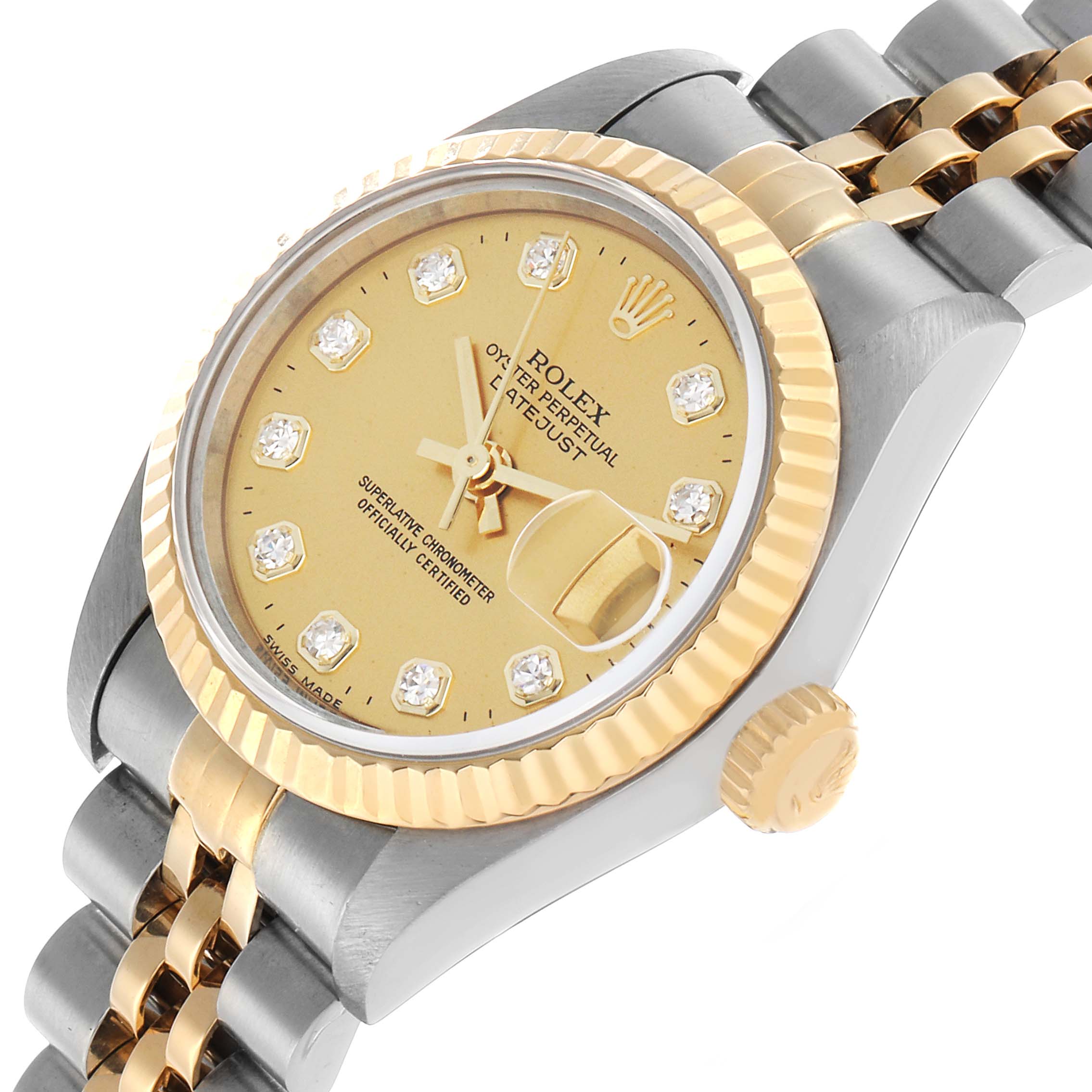The Rolex Datejust 69173 Women's Steel and Gold (two tone) Champagne Dial watch is shown at an angled close-up, highlighting the dial, bezel, crown, and bracelet.