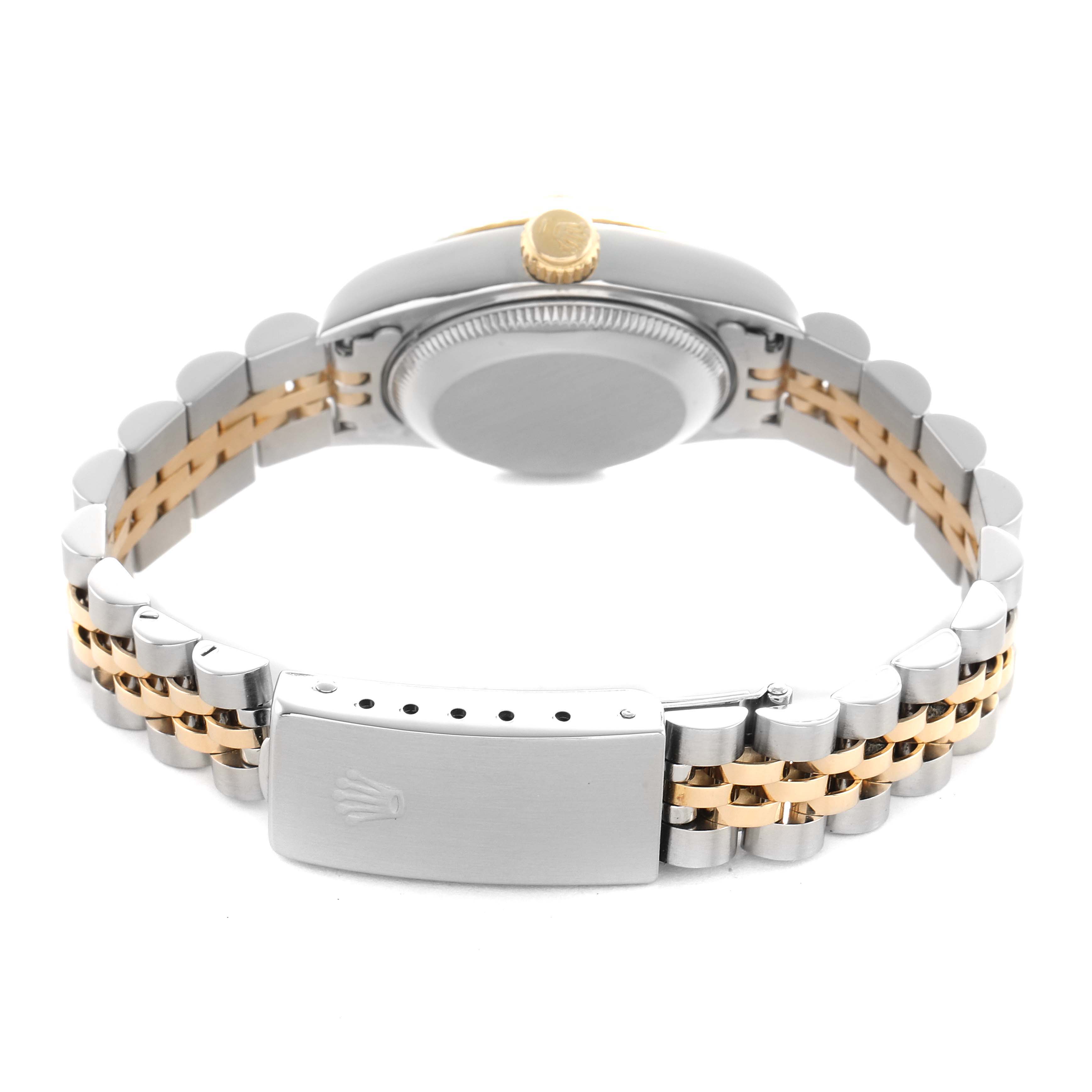 The image shows the back of a Rolex Datejust 69173 Women's Steel and Gold (two tone) Champagne Dial watch, highlighting the bracelet and clasp.