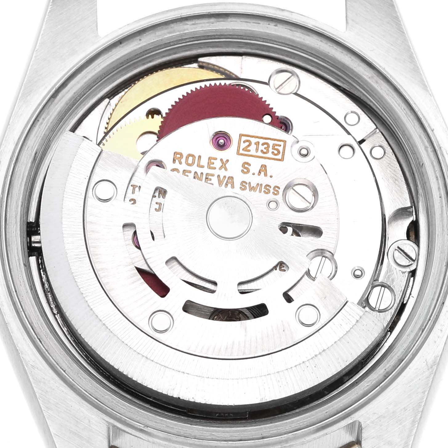 The image shows the movement of a Rolex Datejust 69173 Women's Steel and Gold (two tone) Champagne Dial watch from a top-down angle, highlighting the rotor and internal components.