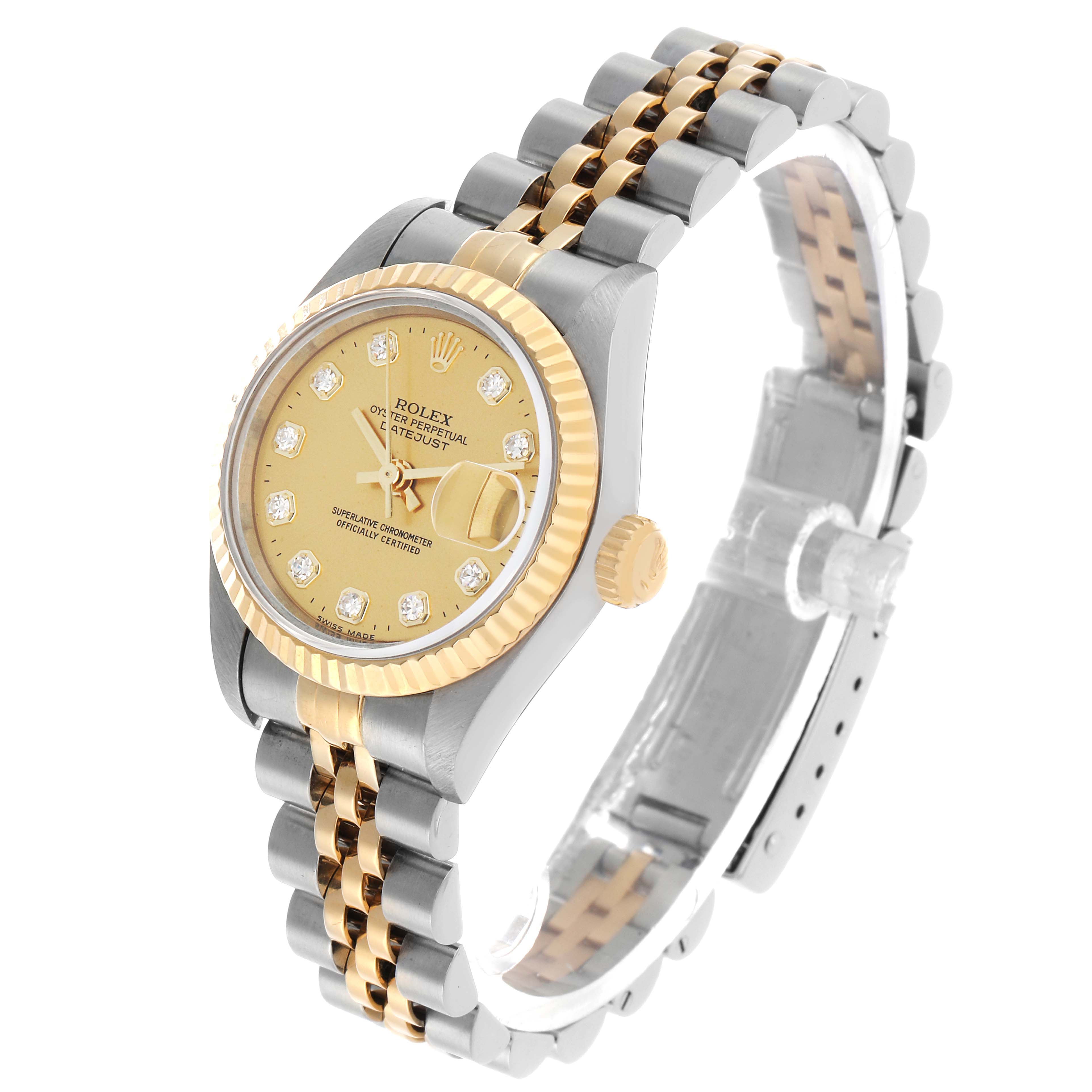 The Rolex Datejust 69173 Women's Steel and Gold (two tone) Champagne Dial is shown at a three-quarter angle displaying its face, bezel, and two-tone bracelet prominently.